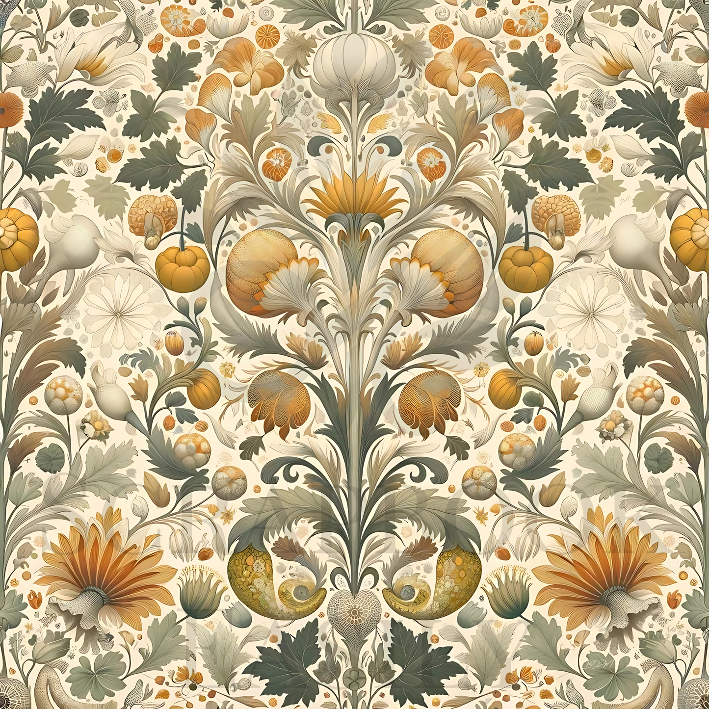 Vintage botanical pattern with pumpkins & autumn florals for download & print, & digital scrapbooking.