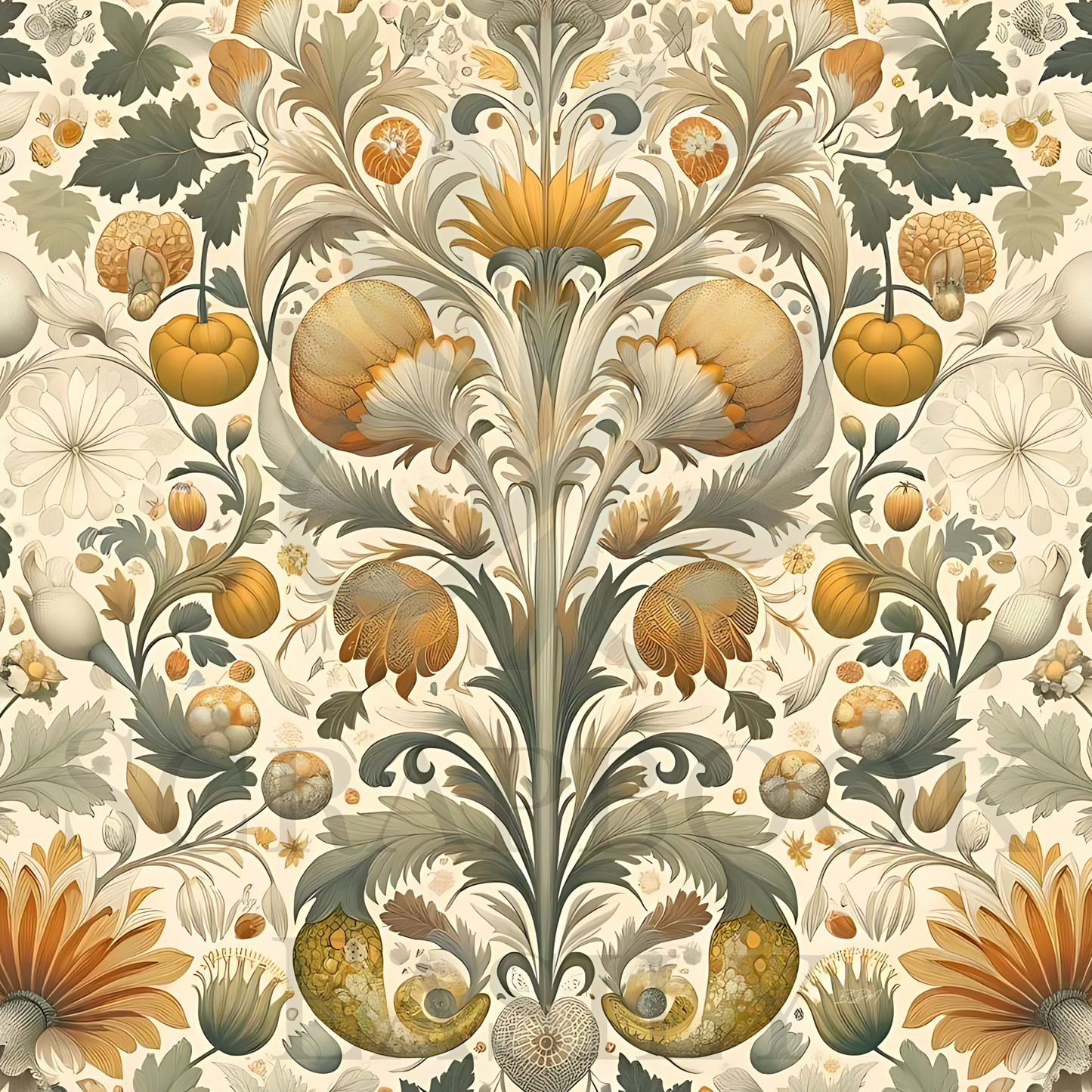 Ornate autumn harvest digital scrapbooking paper with pumpkins & elegant floral patterns, ideal for creative download & print projects.