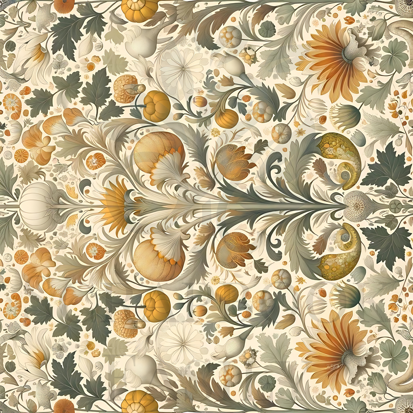 Elegant downloadable scrapbooking paper featuring a detailed pattern of pumpkins & classic florals, ideal for autumn-themed print projects.