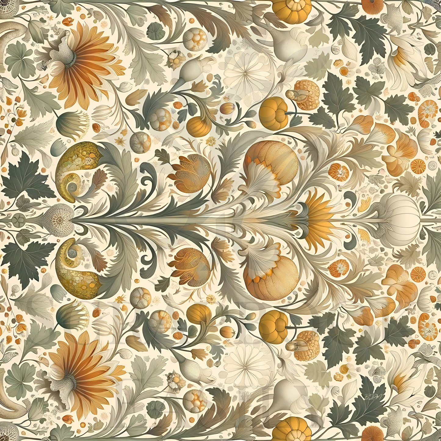 Vintage-inspired digital scrapbook paper with pumpkins & floral patterns for online scrapbooking, available for download & print.