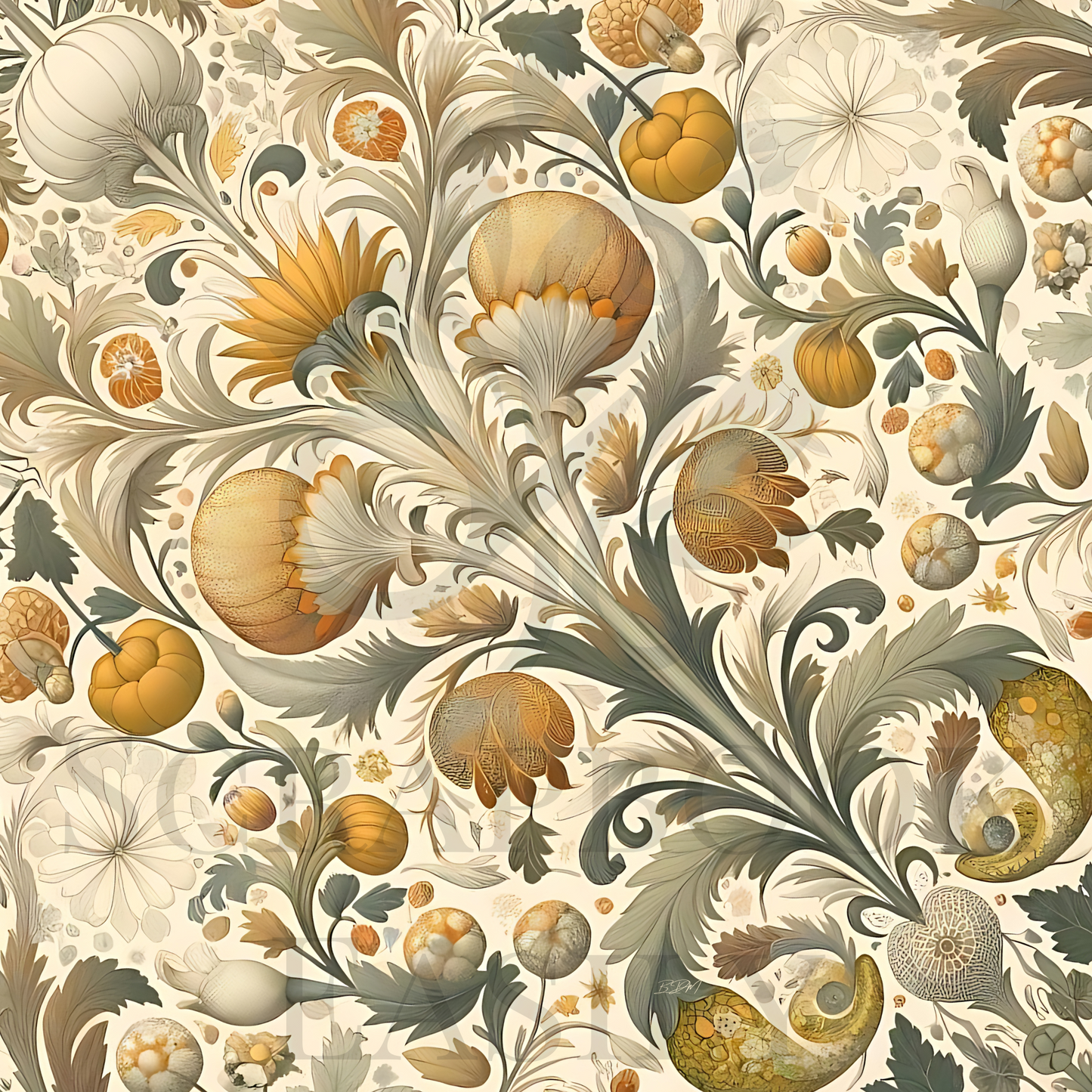 Classic autumn-themed scrapbook paper with elegant pumpkin & floral motifs, designed for downloadable & printable scrapbooking projects.