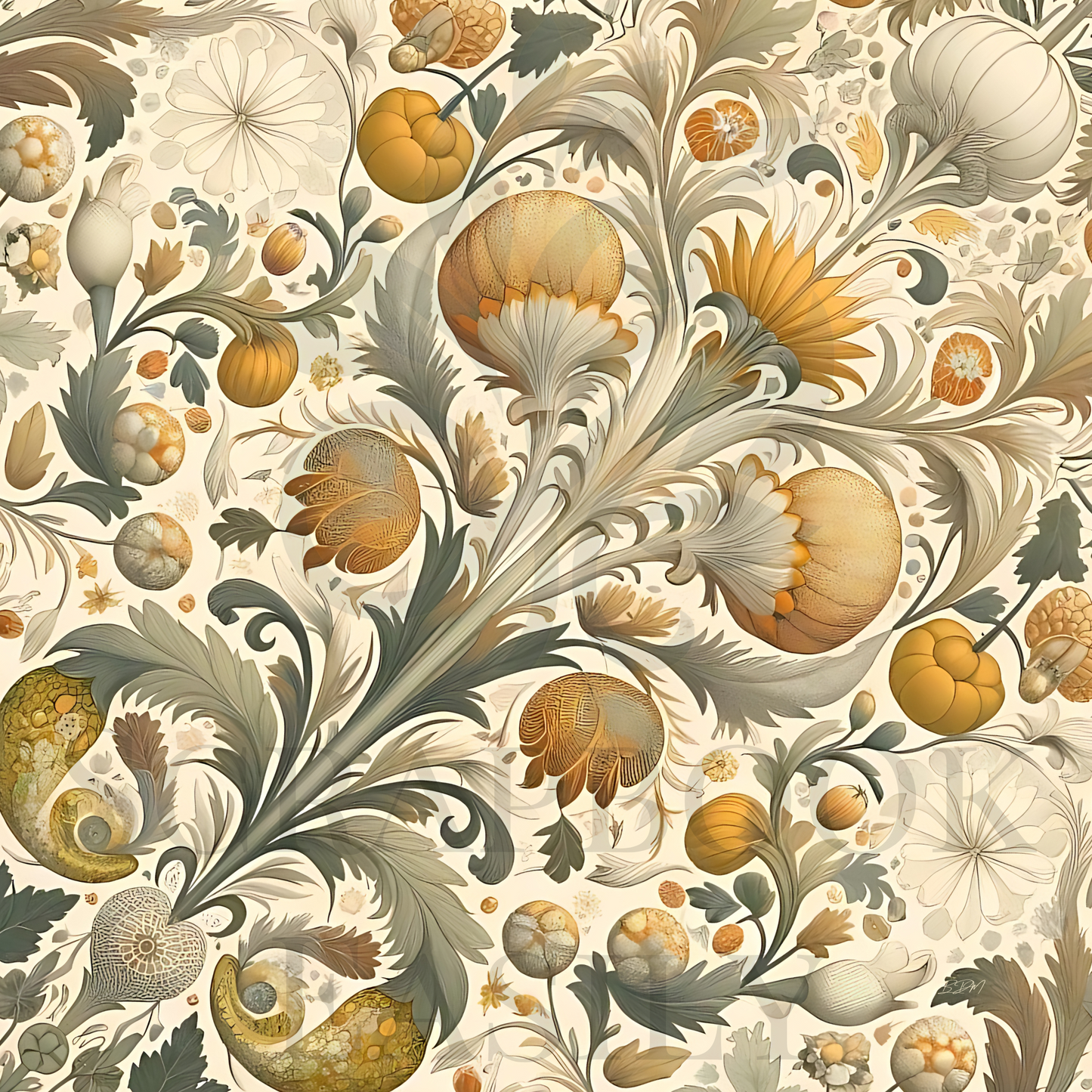 Digital scrapbooking paper featuring pumpkins & florals in a classic autumnal design, perfect for seasonal crafting, available for download & print.