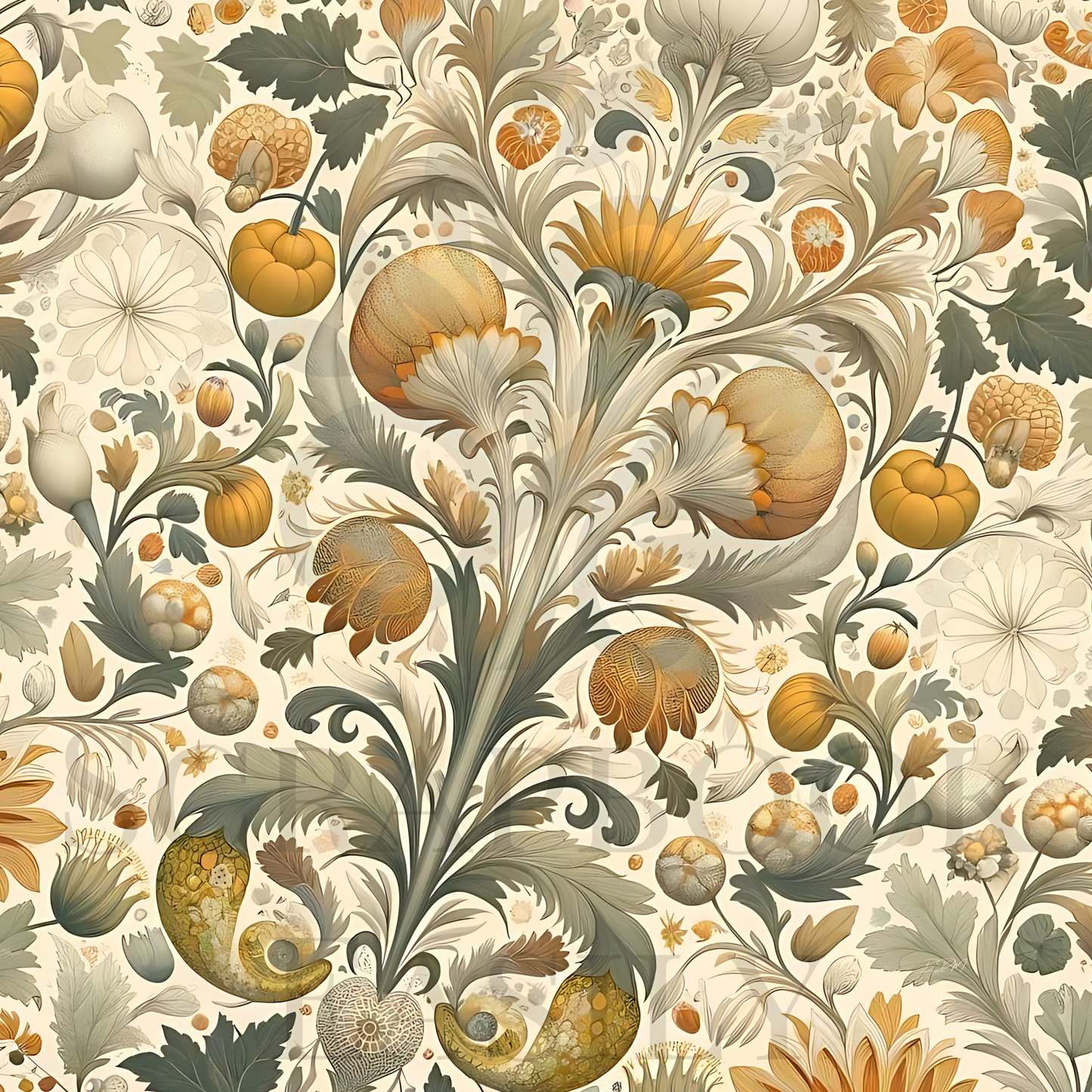 Downloadable autumn elegance scrapbook paper with pumpkins & florals, designed for creating stunning print-at-home scrapbook layouts.