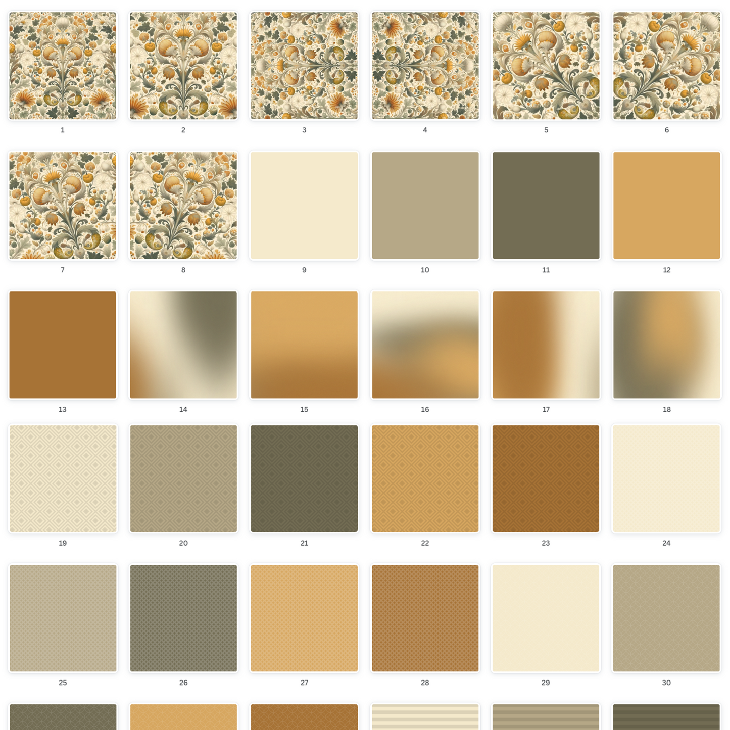 Set view of 30 printable scrapbooking papers featuring autumn pumpkin patterns & coordinating solids & gradients, ideal for custom scrapbook creations.