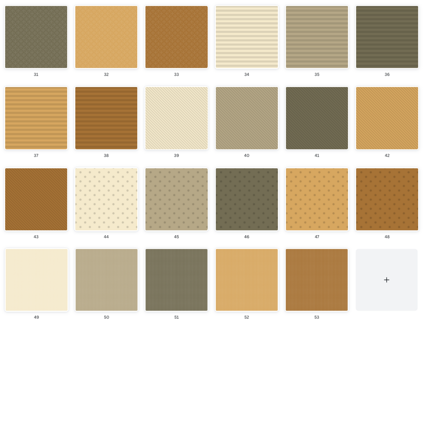 Collection view of 23 downloadable & printable scrapbooking papers in warm autumn hues with solid, striped, & polka-dotted patterns for creative scrapbooking.
