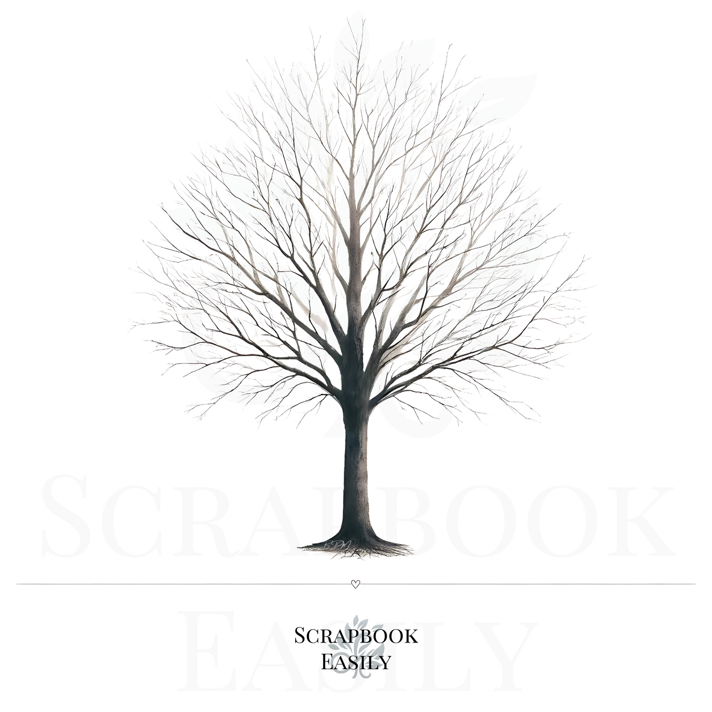 Elegant digital artwork of an American Elm tree in winter, depicted without leaves, showcasing intricate branches & a sturdy trunk. Ideal for use in nature-themed decor, educational projects, crafting, scrapbooking, & as a base for fingerprint tree art at special events, available for download from Scrapbook Easily.