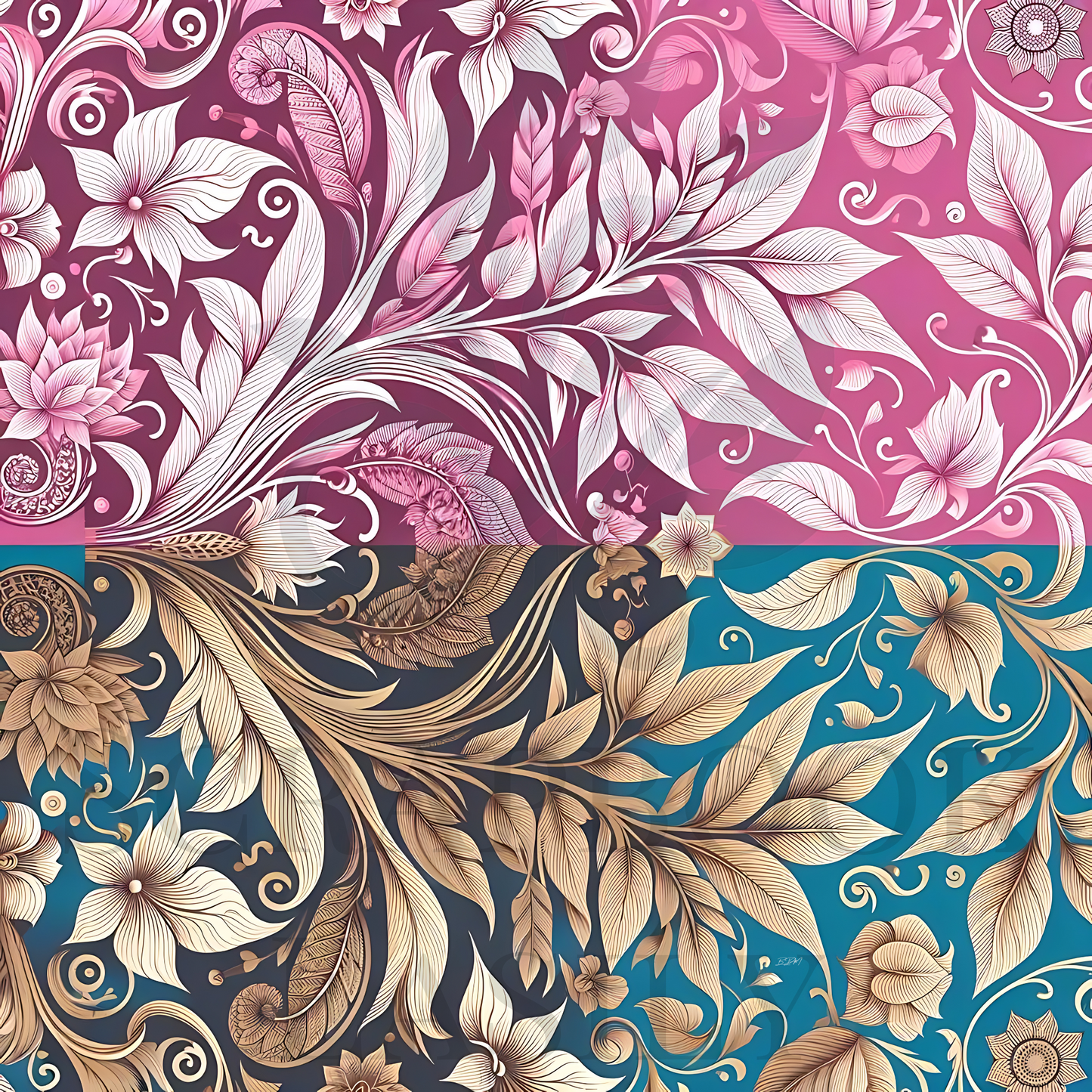Elegant botanical prints in magenta & turquoise, showcasing detailed flowers & swirling patterns, designed for background use in creative projects. Available at Scrapbook Easily.