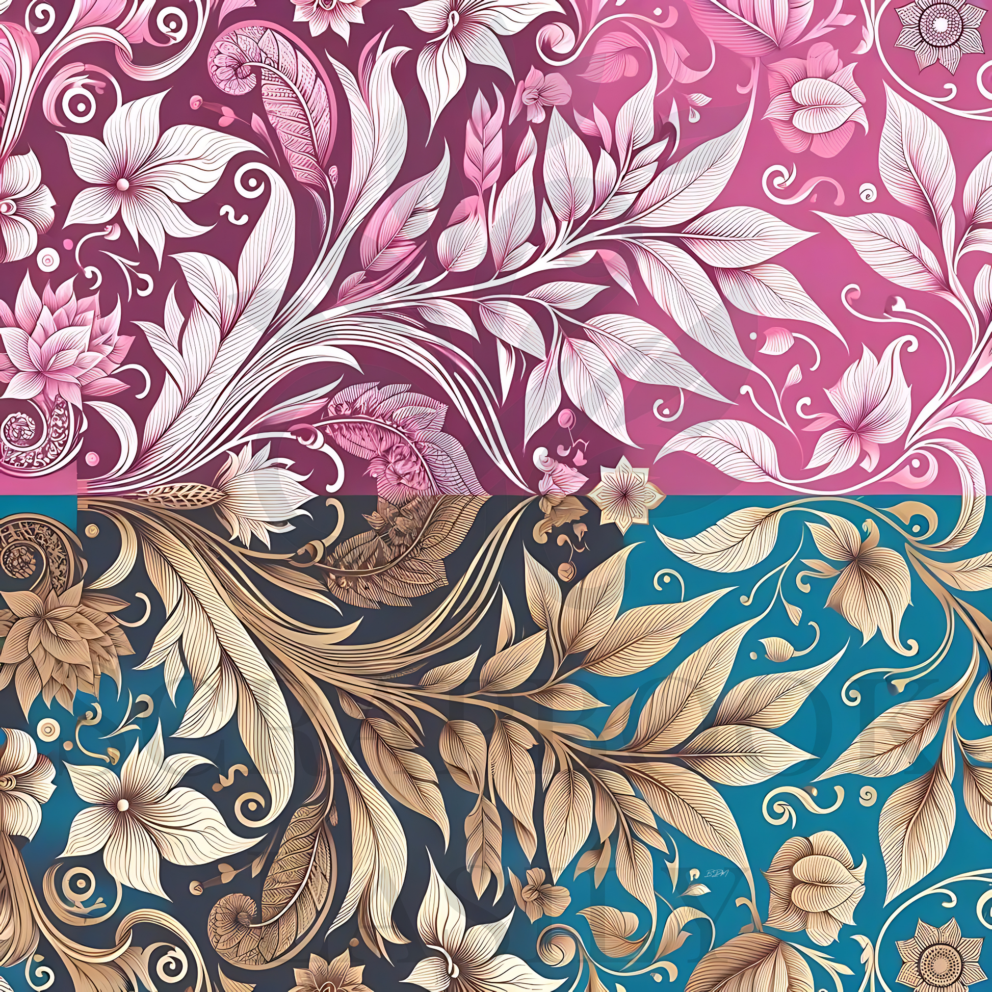 Elegant botanical prints in magenta & turquoise, showcasing detailed flowers & swirling patterns, designed for background use in creative projects. Available at Scrapbook Easily.