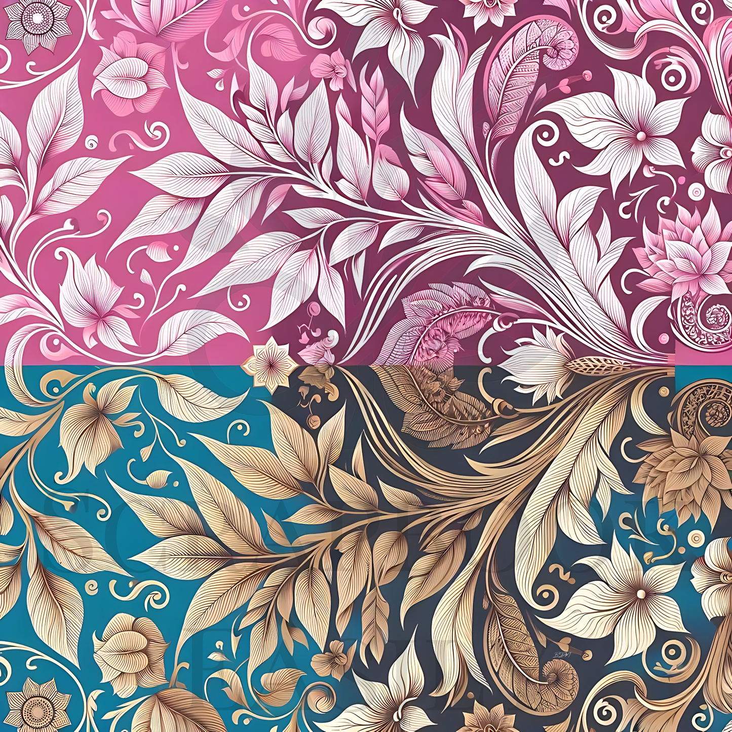 Botanical Whorls 1 background papers featuring stylized foliage in vibrant pink & blue tones, suitable for scrapbooking & papercraft. Discover more at Scrapbook Easily.