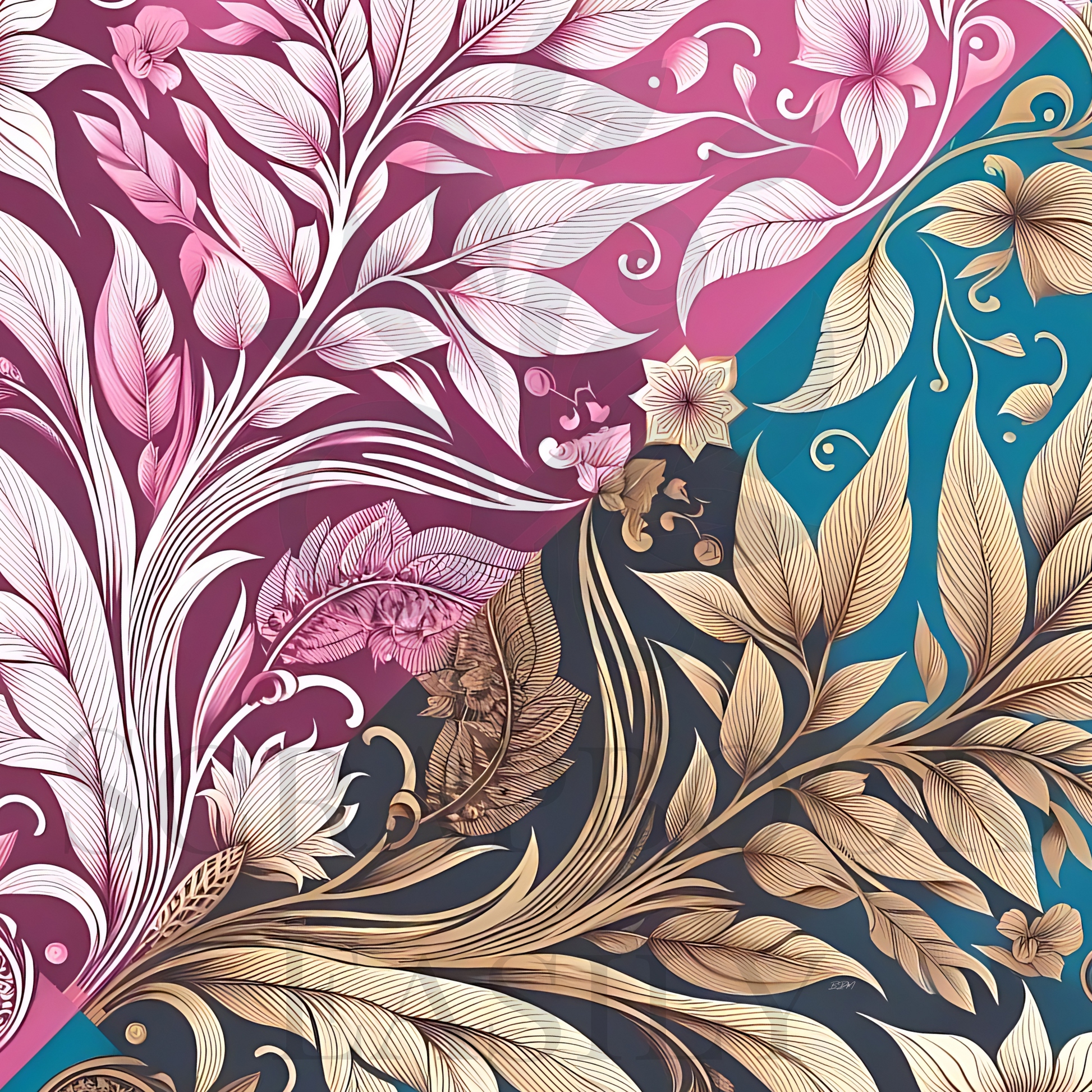 Artistic floral designs in pink & turquoise, with graceful leaves & blossoms, perfect for enhancing scrapbook layouts. Check them out at Scrapbook Easily.