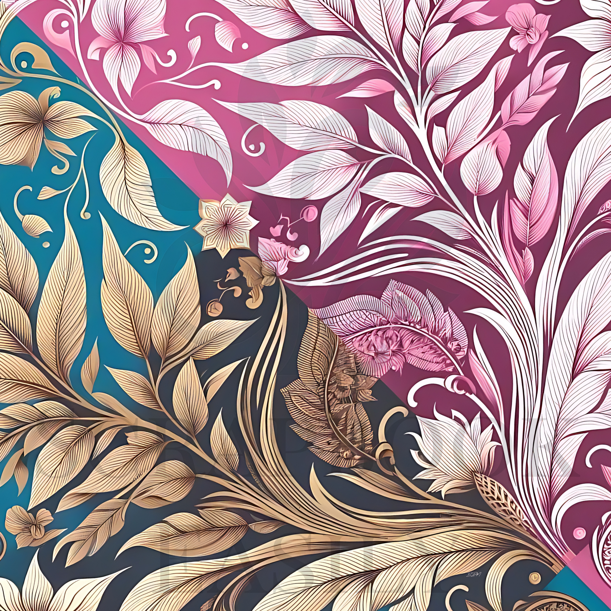 Detailed botanical prints in pink & blue, ideal for scrapbooking backgrounds, featuring elegant flower & leaf motifs. Exclusive to Scrapbook Easily.