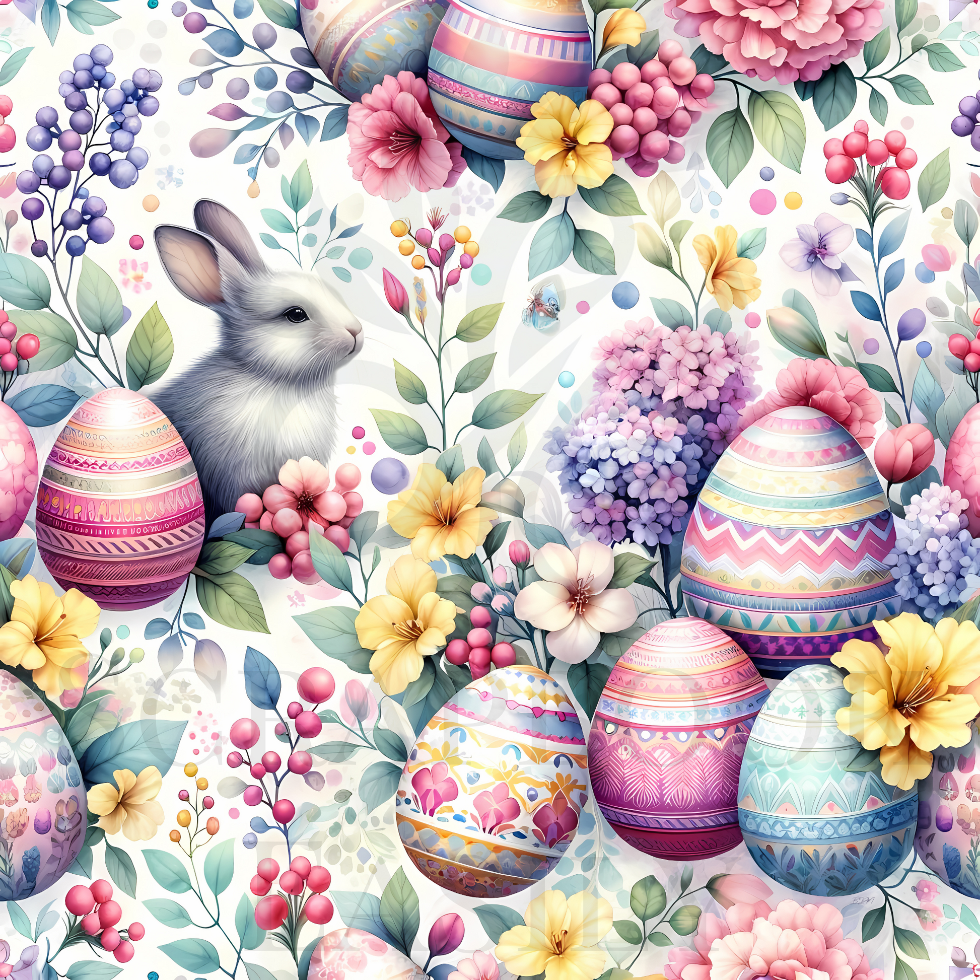 Bunnies & Eggs 2: Vibrant digital print featuring a small bunny among pastel Easter eggs & flourishing spring flowers. Ideal for scrapbooking & crafts. Visit Scrapbook Easily for more.