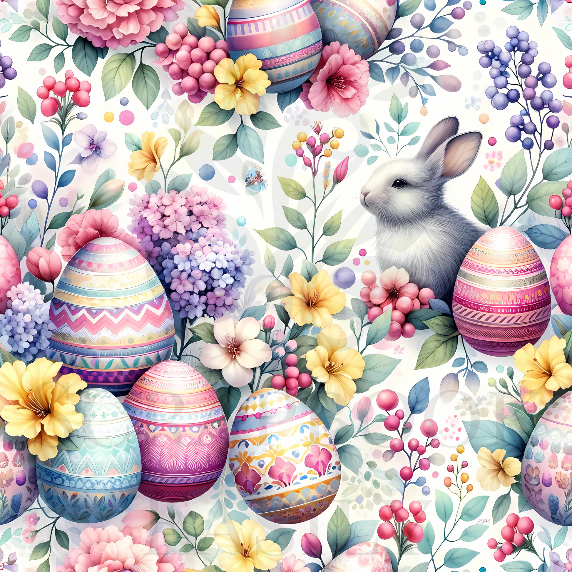 Digital artwork with a bunny nestled among intricately designed Easter eggs & multi-colored blooms, perfect for crafting & scrapbooking. Available at Scrapbook Easily.