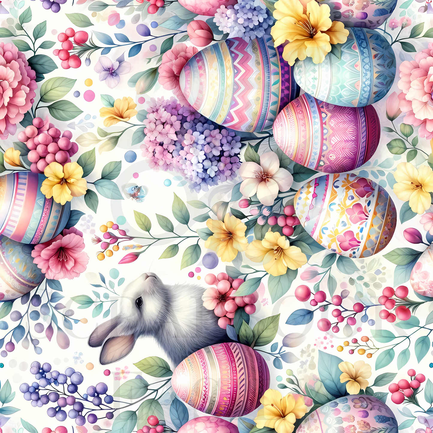 Bunnies & Eggs 2: This digital print showcases a playful bunny with beautifully detailed Easter eggs surrounded by lush floral arrangements, great for scrapbooking enthusiasts. Find it at Scrapbook Easily.