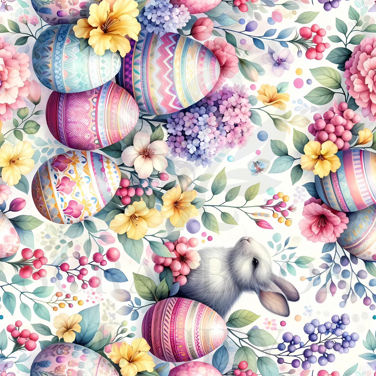 A charming scene of a bunny with pastel eggs & vibrant flowers, designed for scrapbook projects. Explore more at Scrapbook Easily.