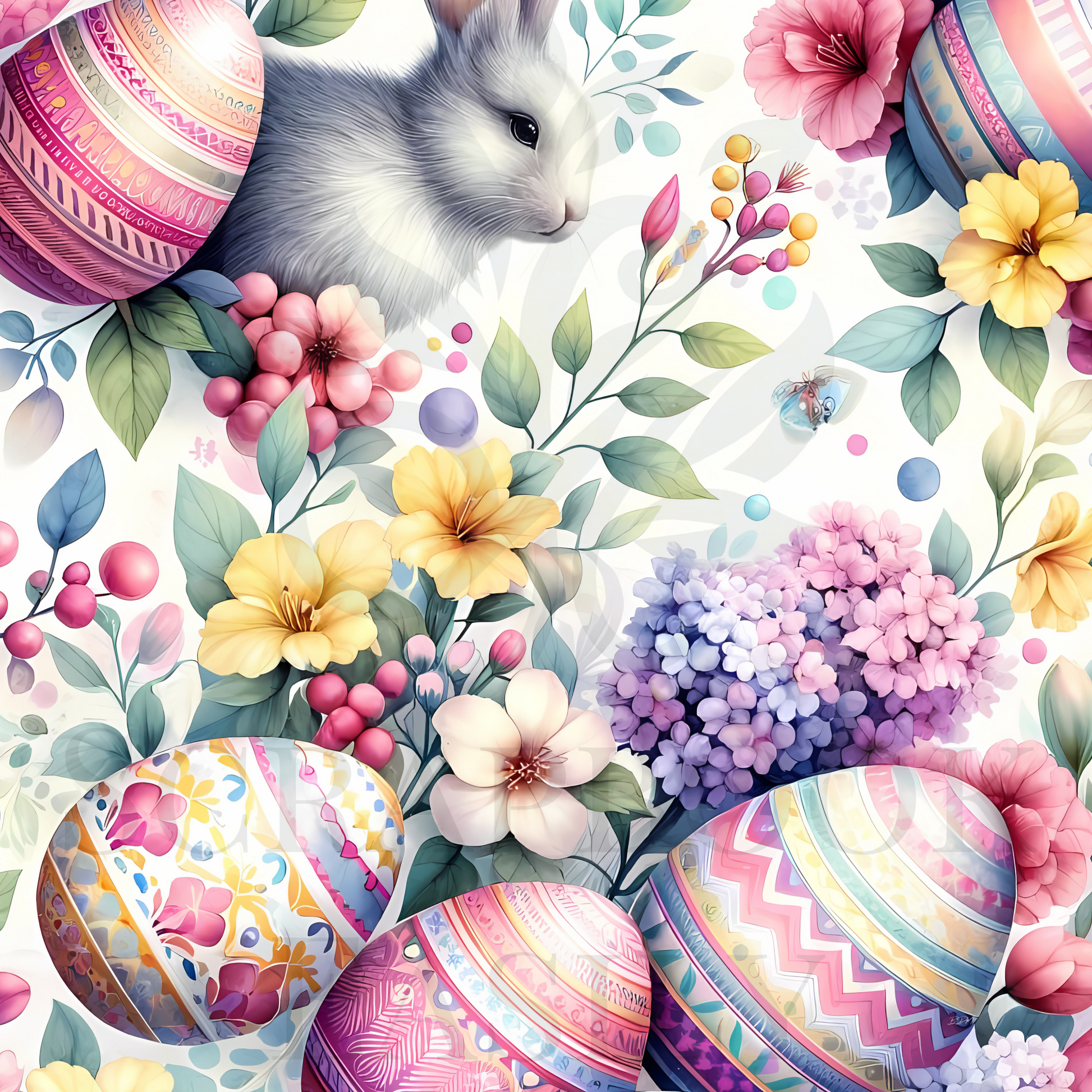 Bunnies & Eggs 2: Exquisite digital background featuring a bunny among Easter eggs & spring flowers, enhancing any scrapbook page. Visit Scrapbook Easily for more details.