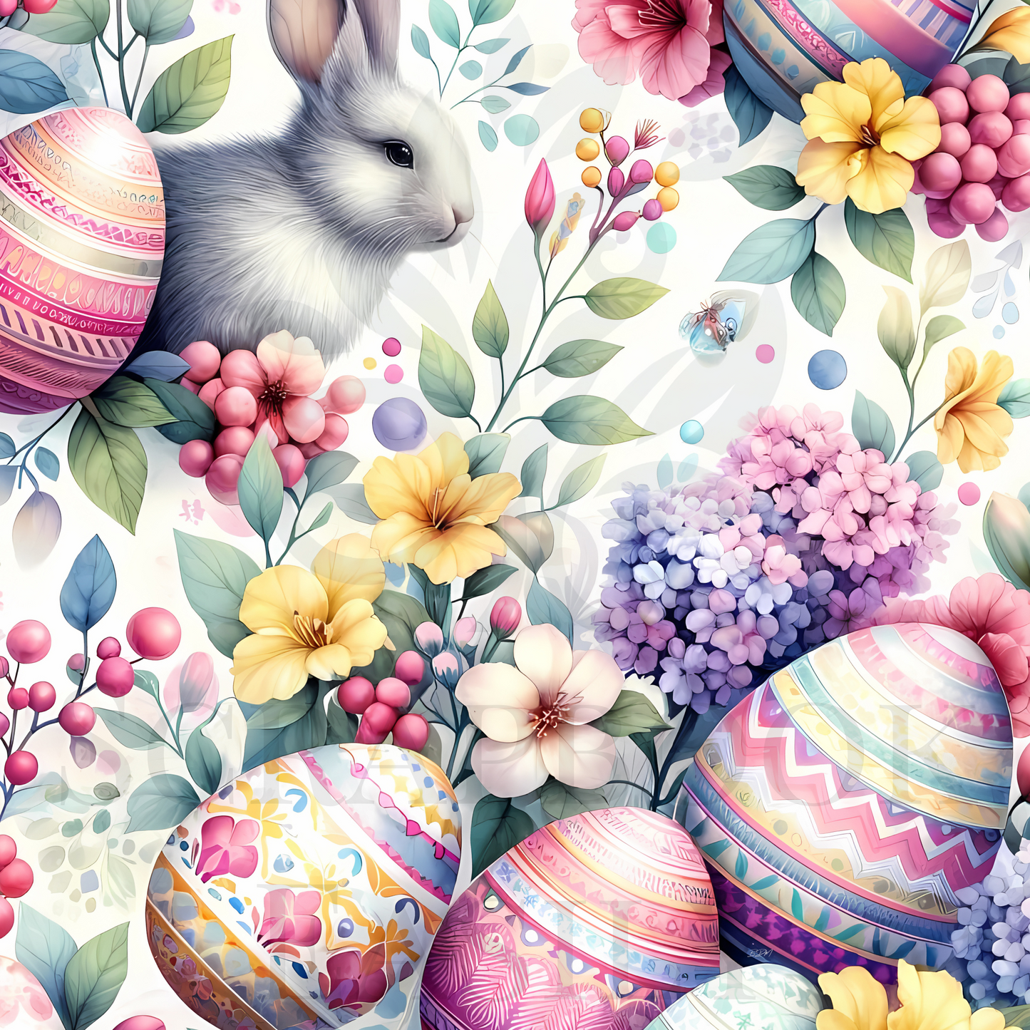 Digital print of a bunny peeking through a field of colorful Easter eggs & fresh blooms, perfect for scrapbooking. Available on Scrapbook Easily.