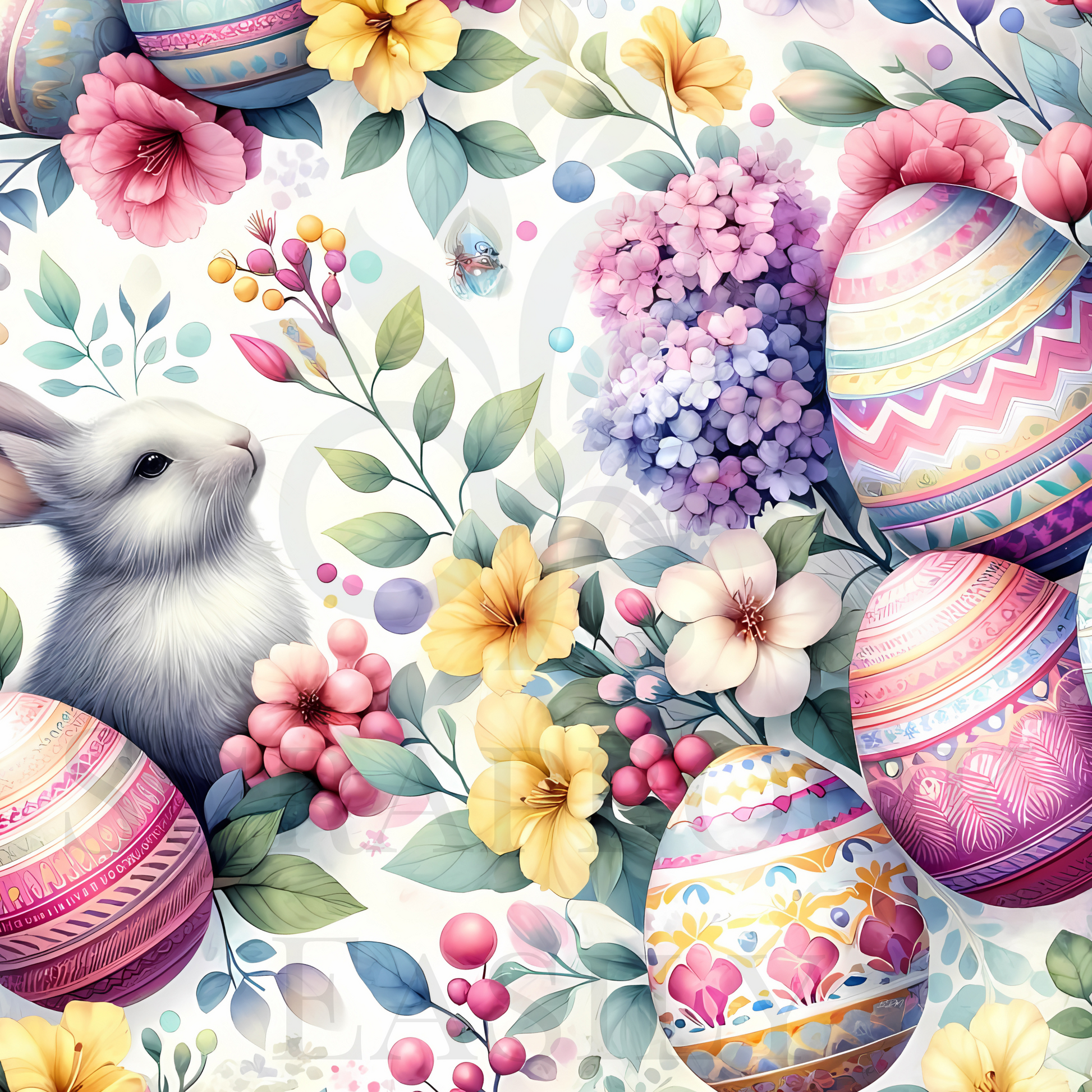 Bunnies & Eggs 2: Captivating artwork with a bunny surrounded by Easter eggs & soft floral accents, ideal for creative scrapbooking. Check out Scrapbook Easily.