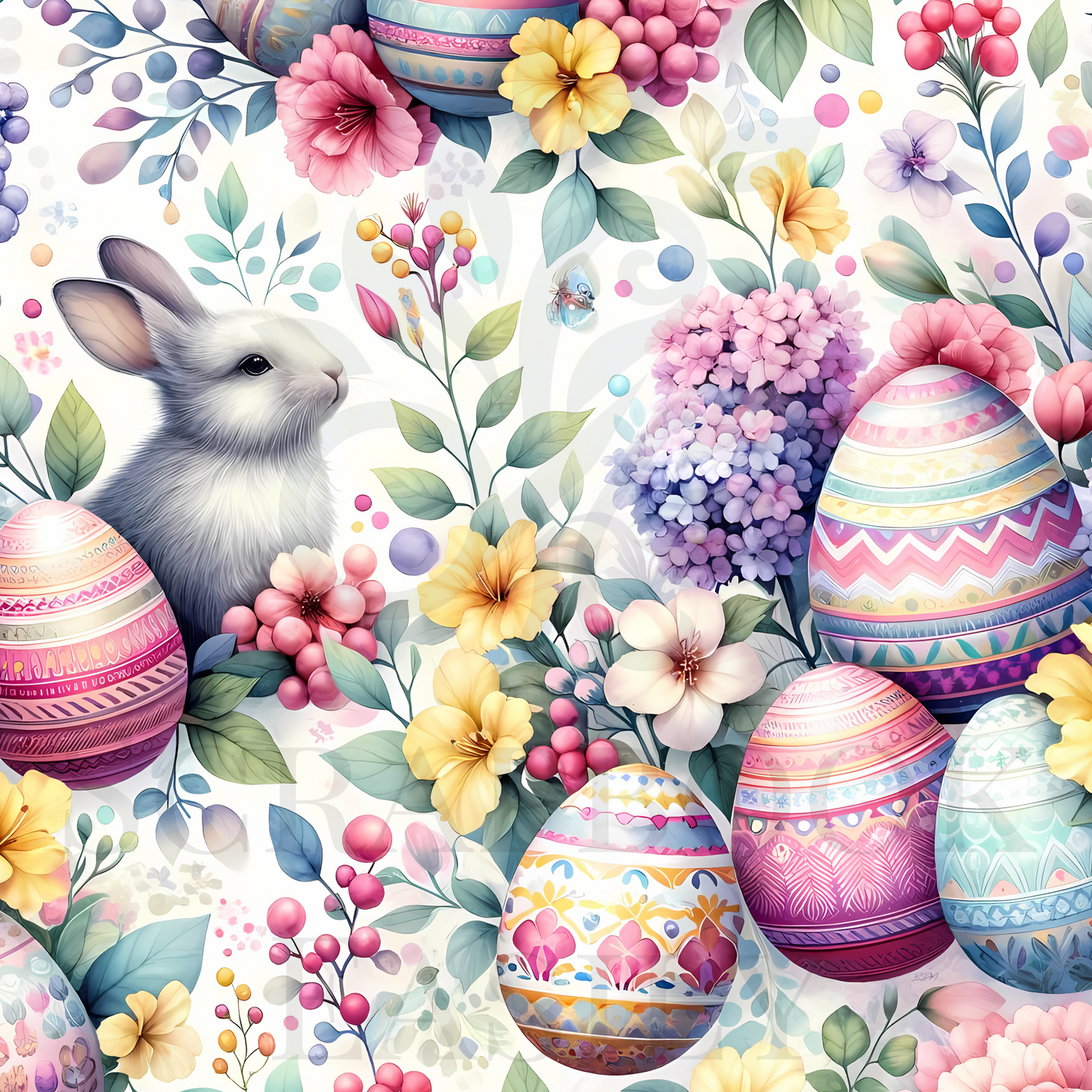 Lively & colourful digital art of a bunny with decorative Easter eggs & spring flora, suitable for all your scrapbooking needs. Visit Scrapbook Easily.