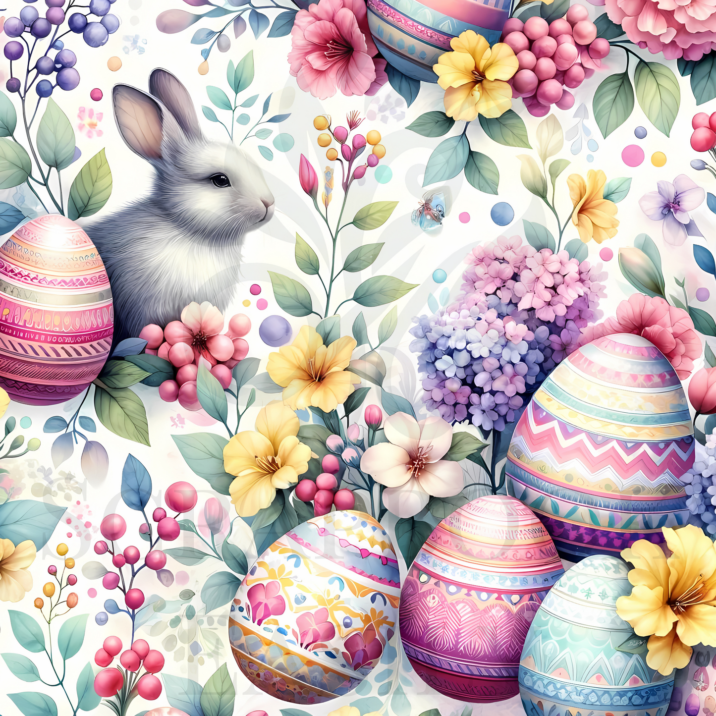 Bunnies & Eggs 2: This image features a bunny amid a mix of Easter eggs & blossoming flowers, a perfect addition to your scrapbooking projects. Available at Scrapbook Easily.