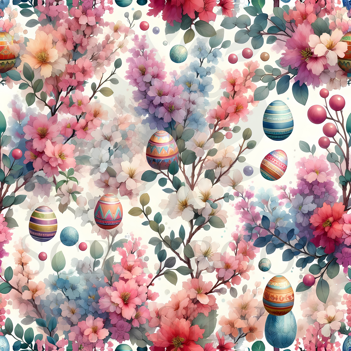 Floral Easter scrapbook paper with decorated eggs. Ideal for online & print scrapbooking from Scrapbook Easily. Bright, pastel blossoms & intricate egg designs make this a must-have for your projects. www.scrapbookeasily.com