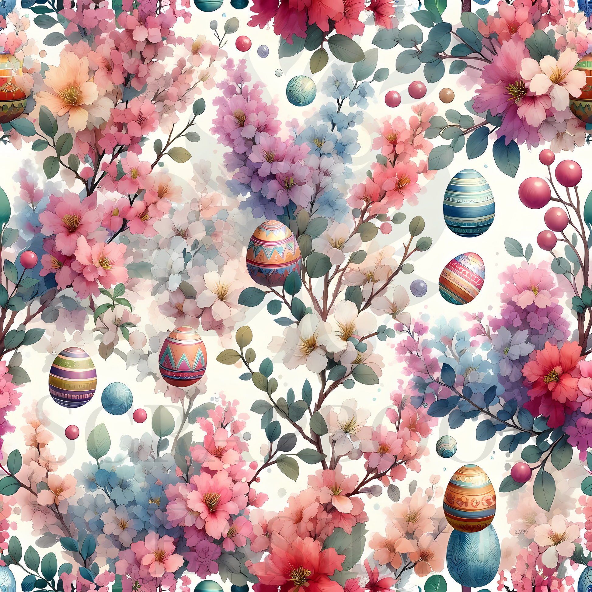 Floral Easter scrapbook paper with decorated eggs. Ideal for online & print scrapbooking from Scrapbook Easily. Bright, pastel blossoms & intricate egg designs make this a must-have for your projects. www.scrapbookeasily.com