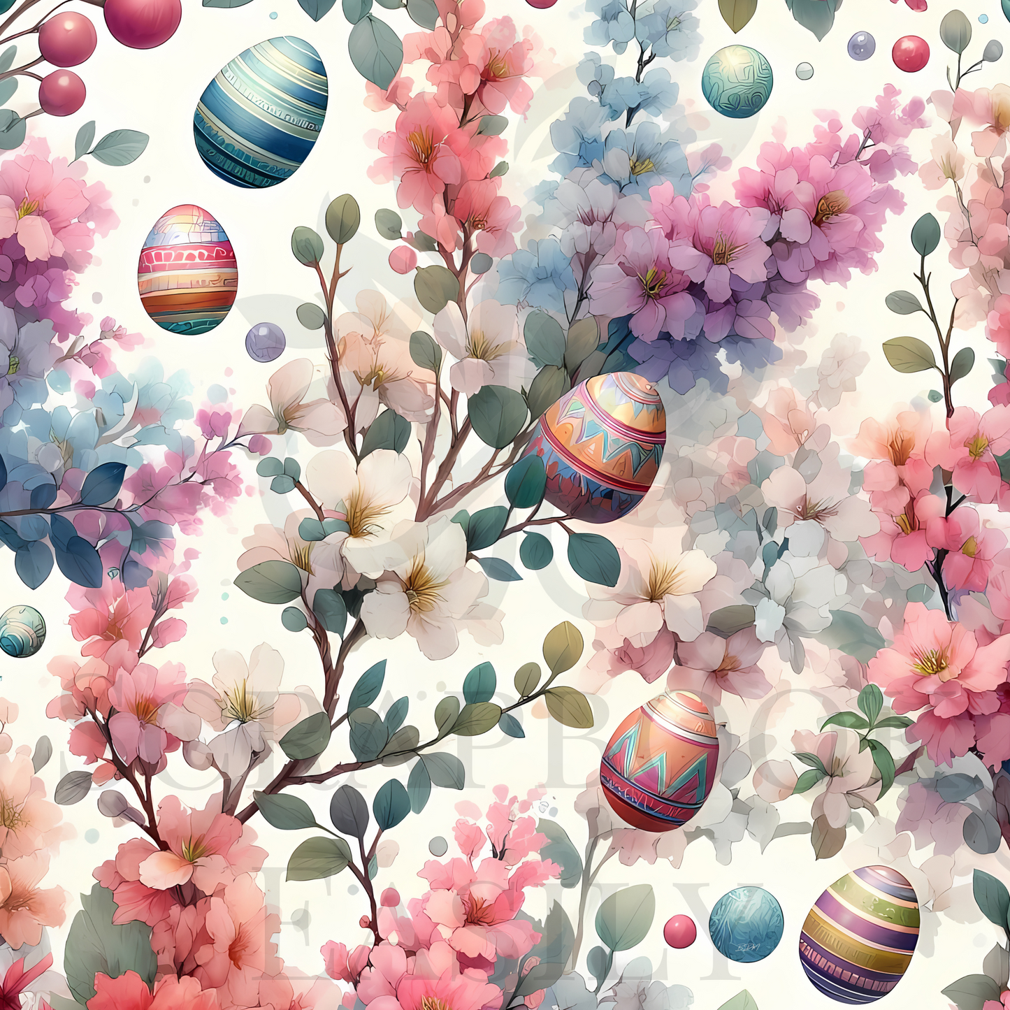 Pastel flowers & Easter eggs scrapbook paper. Perfect for digital & print use from Scrapbook Easily. Enhance your scrapbooking with this beautiful floral & egg design. www.scrapbookeasily.com