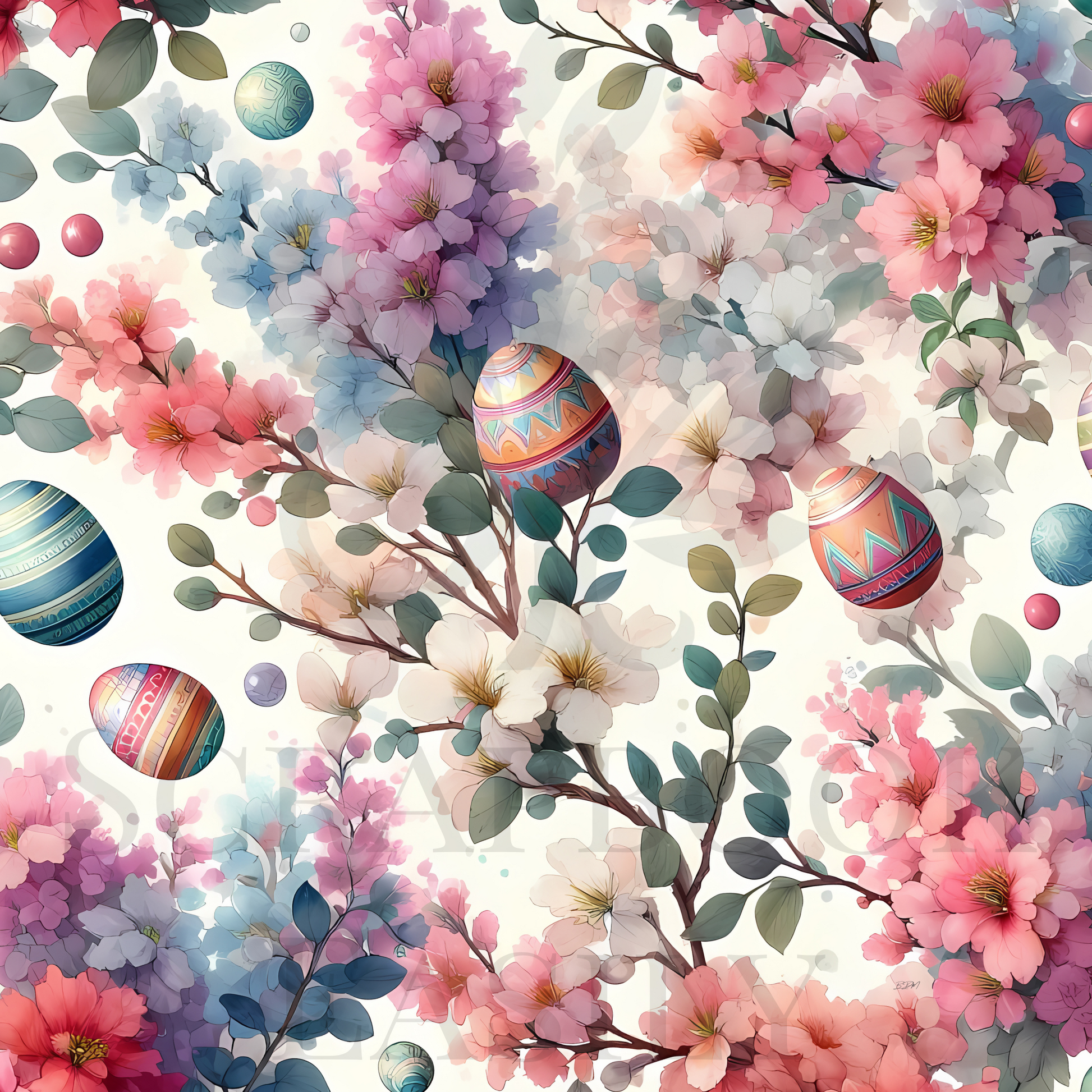 Colourful scrapbook paper with Easter flowers & eggs. Download & print from Scrapbook Easily. Ideal for spring-themed projects, featuring vibrant blossoms & decorative eggs. www.scrapbookeasily.com