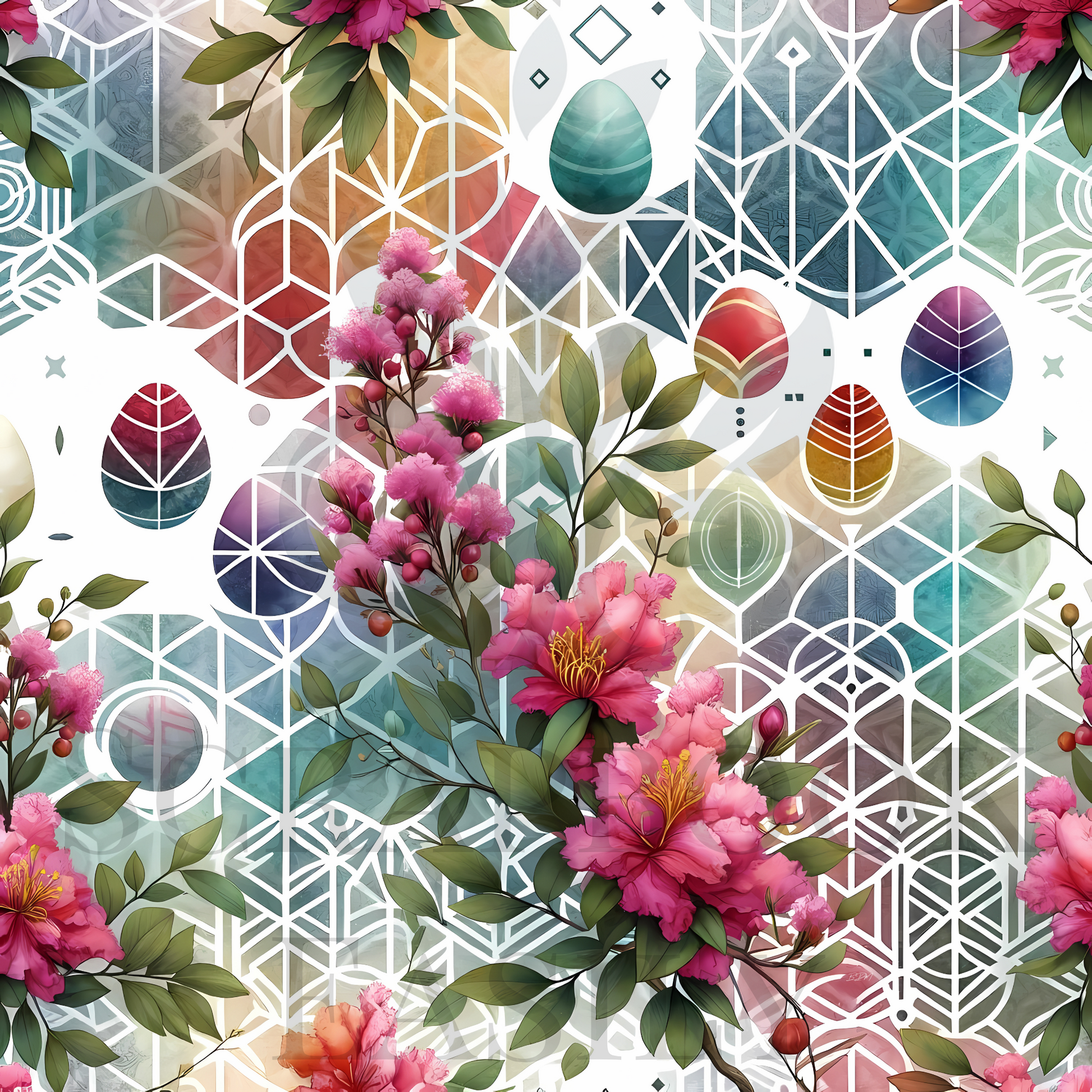 Vibrant artwork with Peonies & geometric designs in pastel hues, available at Scrapbook Easily, ideal for digital & print scrapbooking projects.