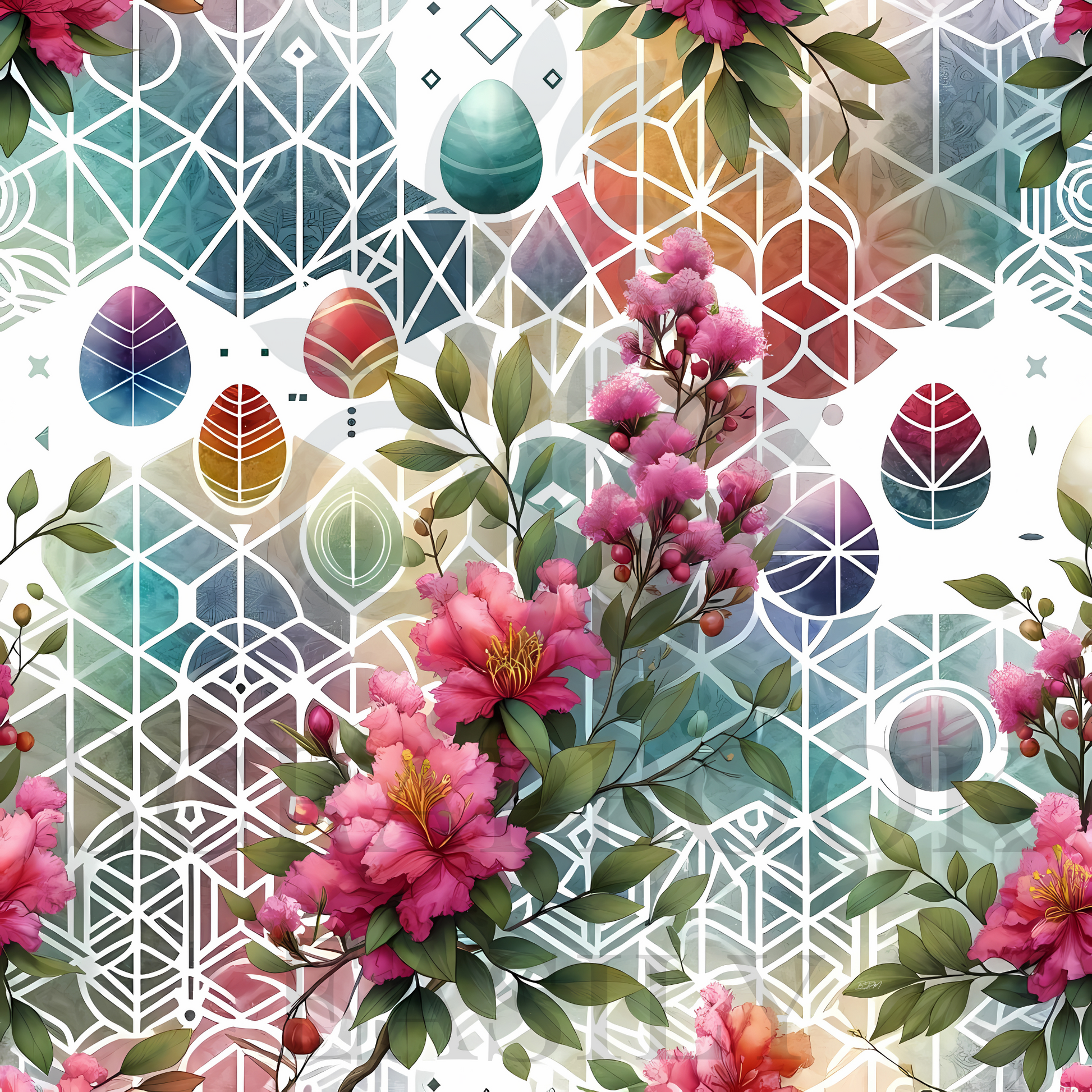 Downloadable artwork from Scrapbook Easily, featuring Camellias amid a mosaic of soft pastel eggs & intricate geometric patterns.