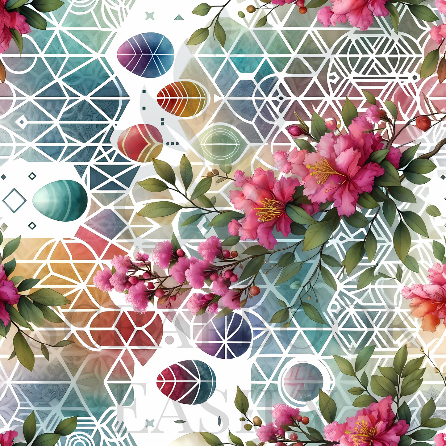 Rhododendrons intertwined with colourful geometric shapes, perfect for creative Easter scrapbooking, available at www.scrapbookeasily.com.