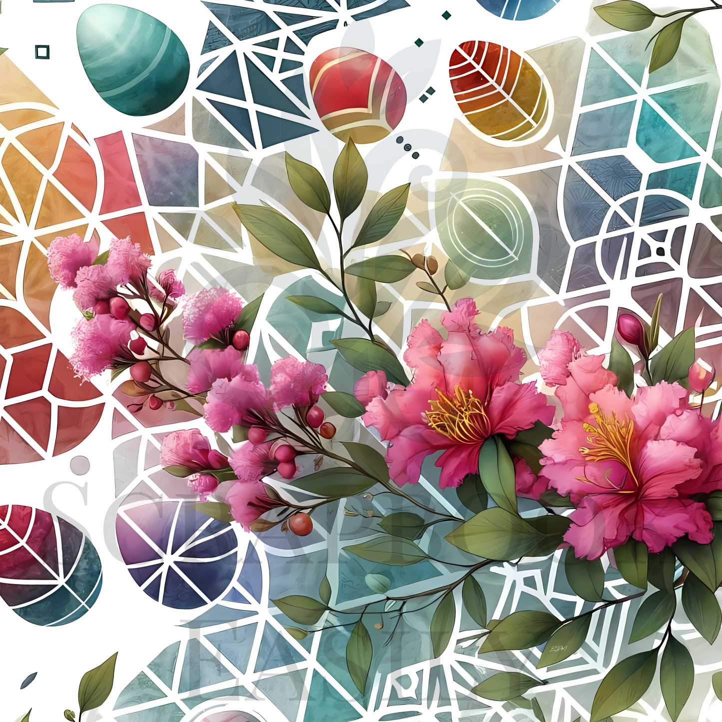 Artistic blend of Azaleas & soft geometric designs, ideal for enhancing Easter scrapbook pages, available exclusively at Scrapbook Easily.