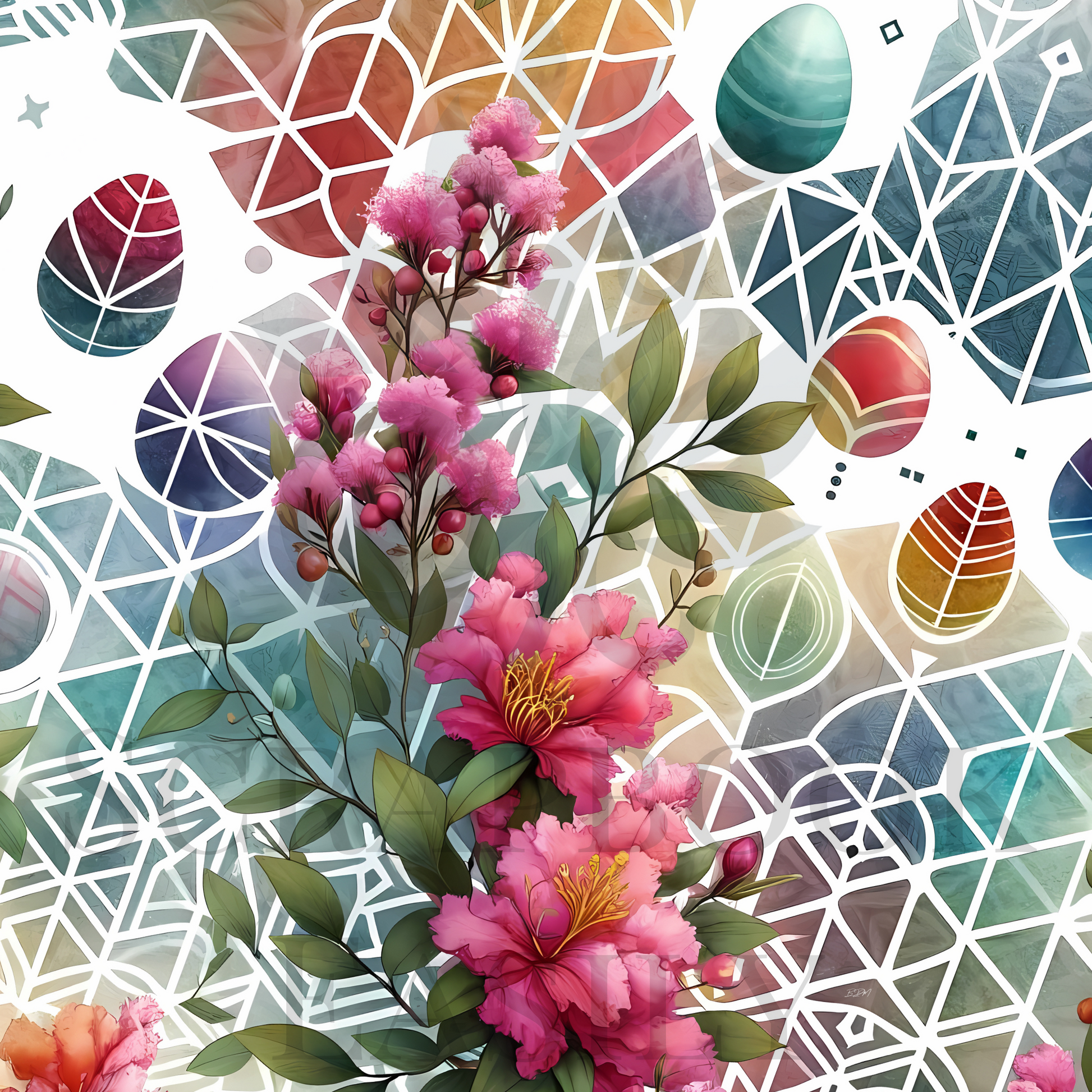 Digital scrapbooking artwork with Peonies set against a backdrop of subtle geometric patterns, from Scrapbook Easily.