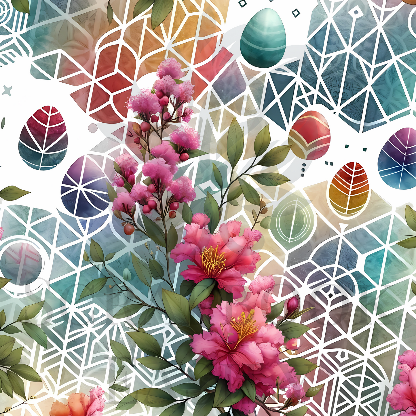 Crepe Myrtle flowers accentuated by vibrant geometric shapes, available for Easter digital & print projects at Scrapbook Easily.