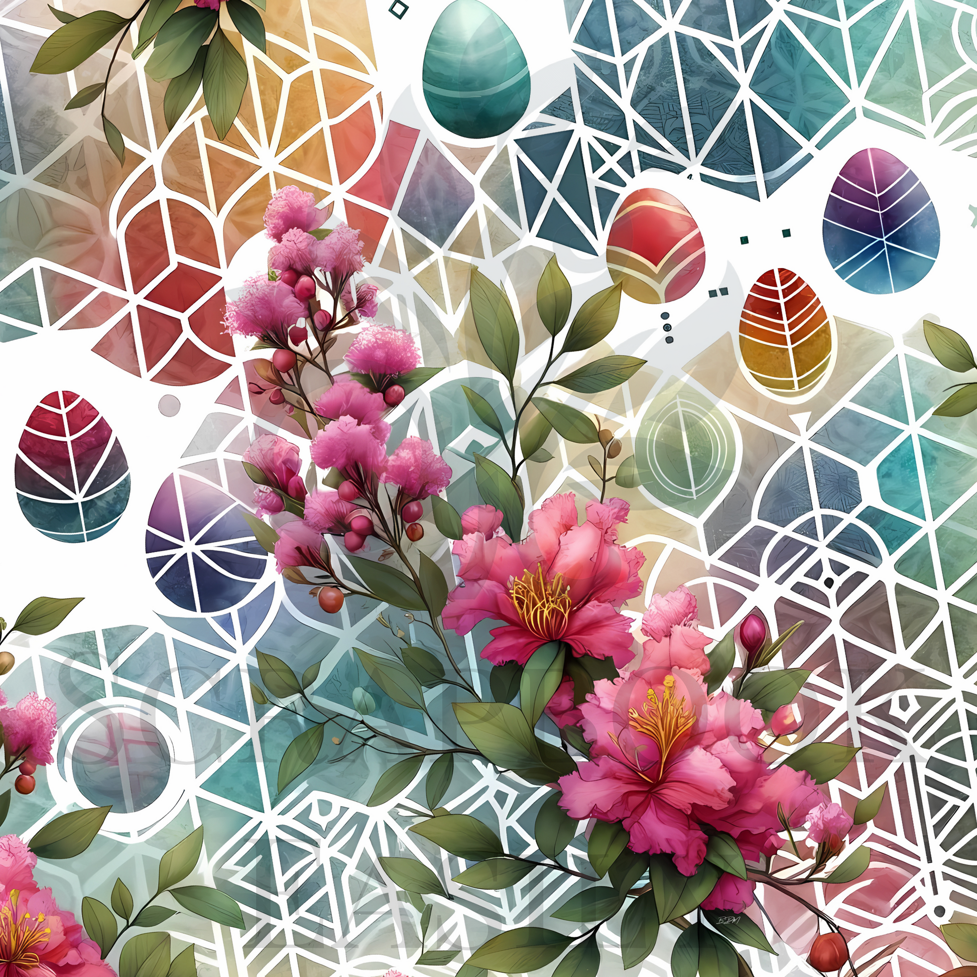 Scrapbooking artwork featuring Rhododendrons & harmonious Easter geometric patterns, ready to download at Scrapbook Easily.