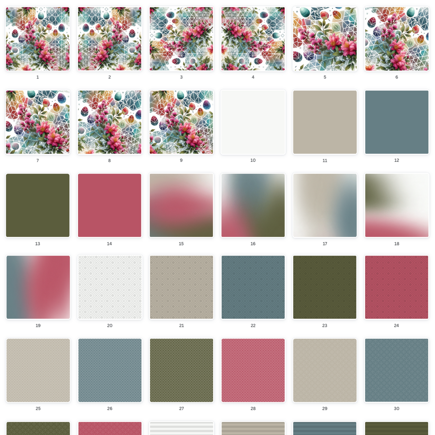 Vibrant digital scrapbooking background paper collection, featuring elegant Easter geometric patterns & pink rhododendrons; ideal for creative projects. Available at Scrapbook Easily.