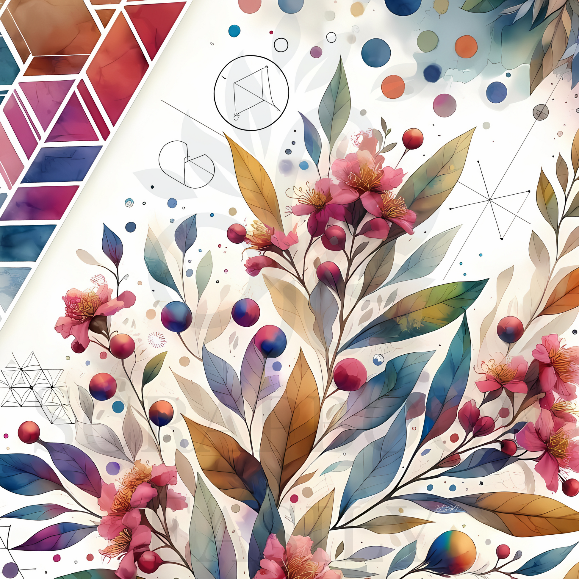 Bold flowers blended with modern geometric shapes, ideal for stylish, downloadable scrapbooking sheets at Scrapbook Easily.
