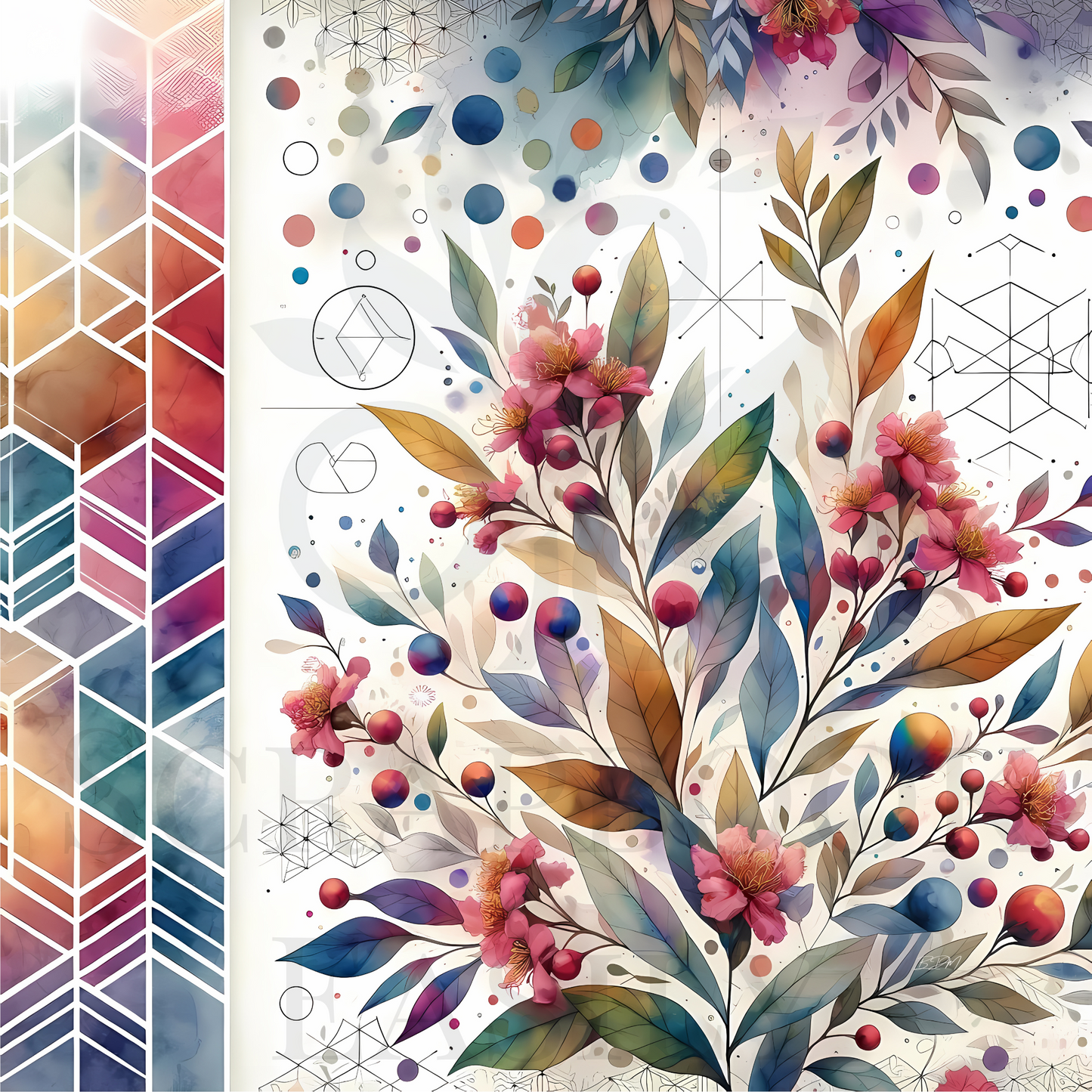 Vibrant flowers intertwined with geometric patterns, perfect for enhancing Easter scrapbooking projects; available at www.scrapbookeasily.com.