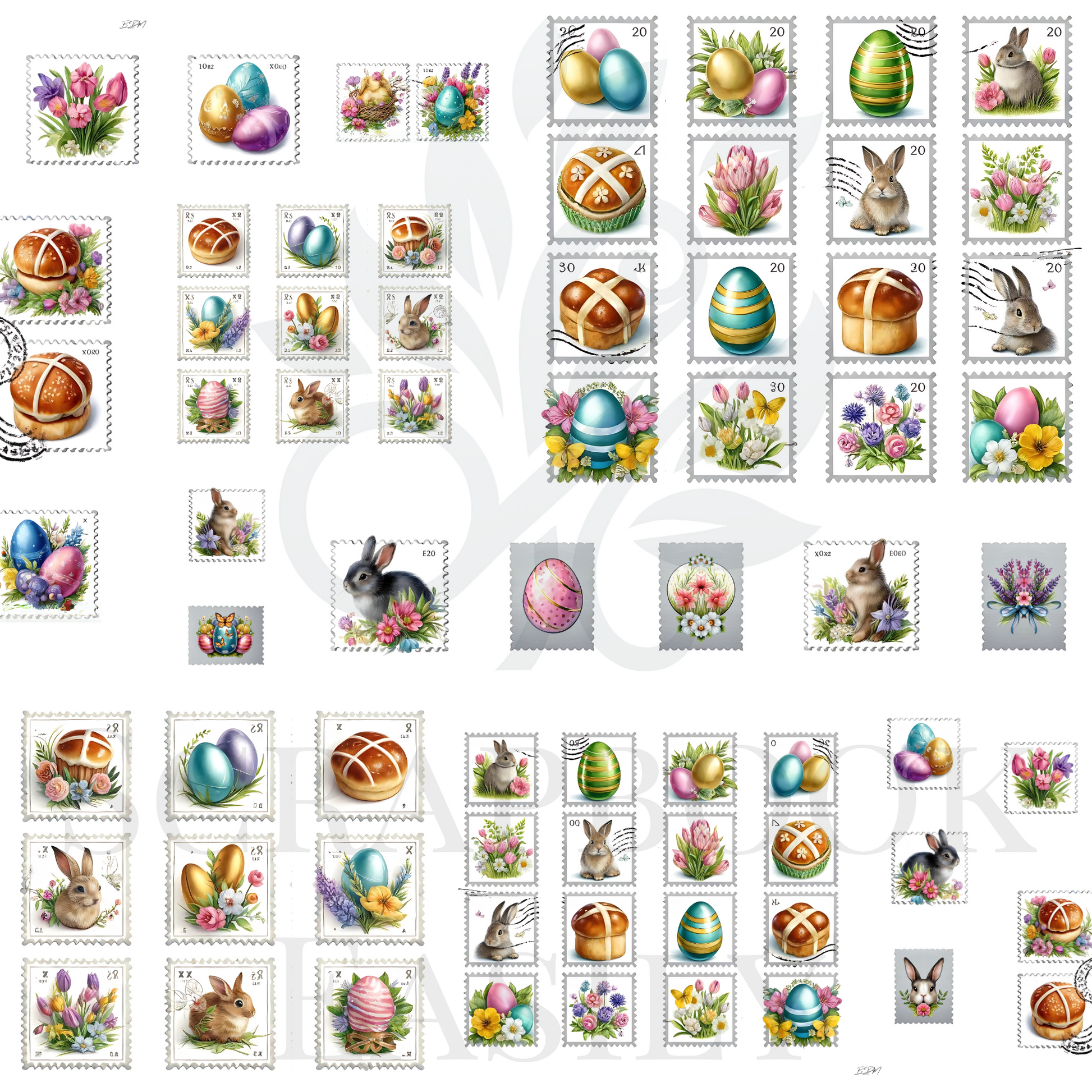 Scrapbook Easily's Easter Elegance Ephemera Postage Stamps Set featuring colourful eggs & playful rabbits, perfect for spring & Easter-themed scrapbooking & crafts.