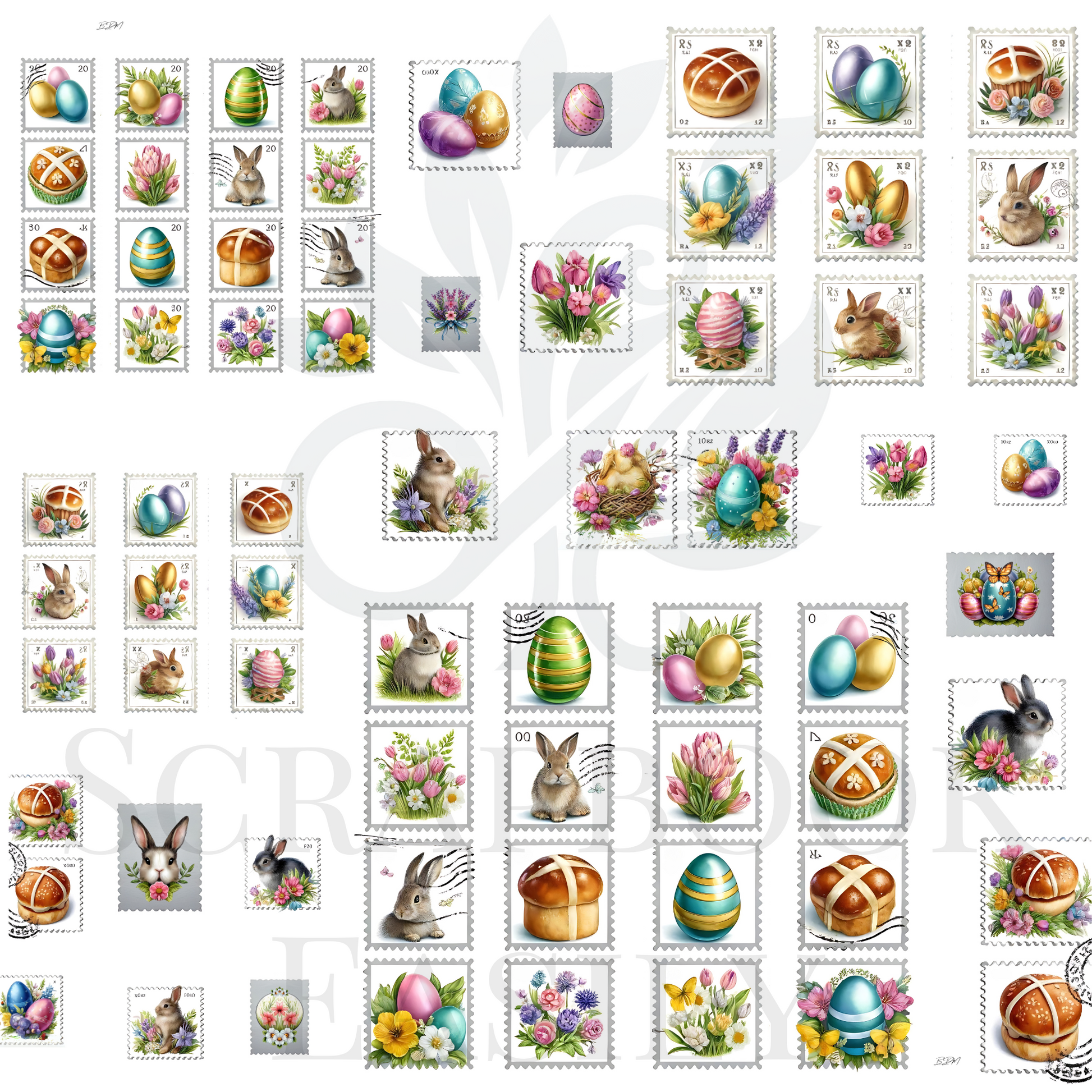 Explore Scrapbook Easily's Easter Ephemera Postage Stamps with detailed spring flowers, eggs & bunnies, ideal for enhancing festive & creative projects.