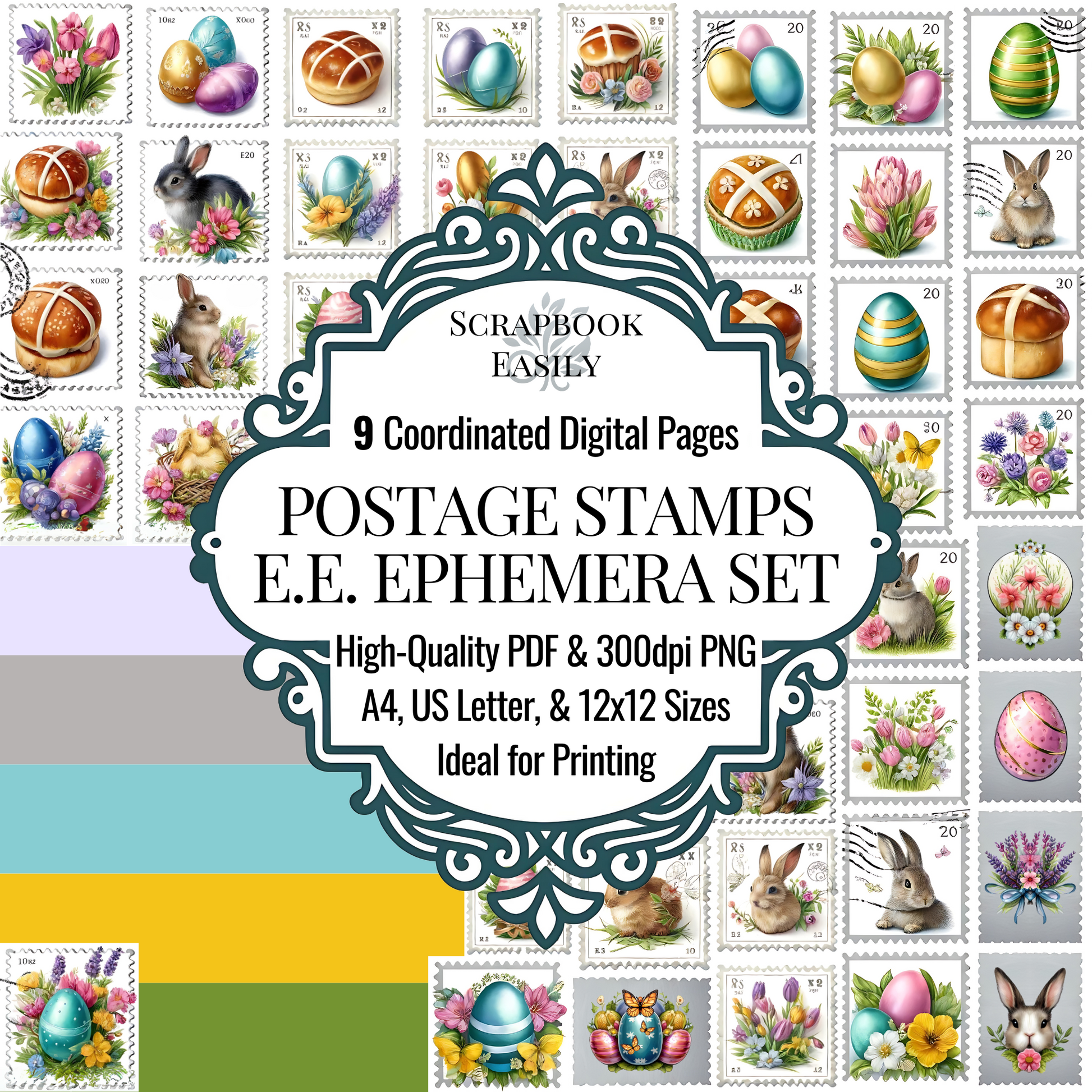 Scrapbook Easily presents the Ephemera Postage Stamps Set, featuring nine digital pages of beautifully crafted Easter-themed stamps. Available in high-quality PDF & 300dpi PNG. Explore more at www.scrapbookeasily.com.