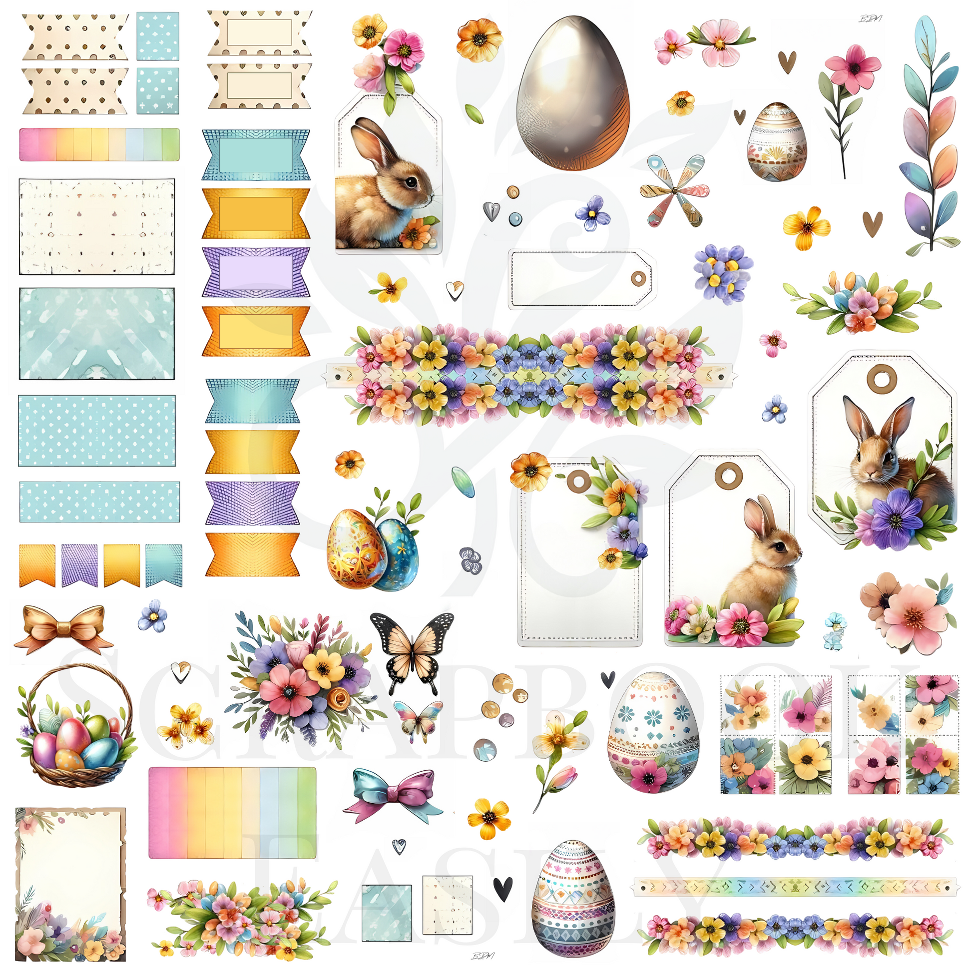 Scrapbook Easily presents a creative Easter collection with detailed egg designs, bunnies, & floral tags, suitable for personalised crafting.