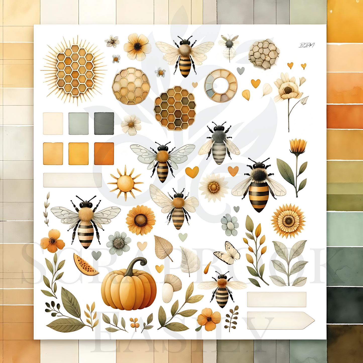 Assorted ephemera decorations featuring bees, honeycombs, sunflowers & autumn leaves. Perfect for scrapbooking at Scrapbook Easily.