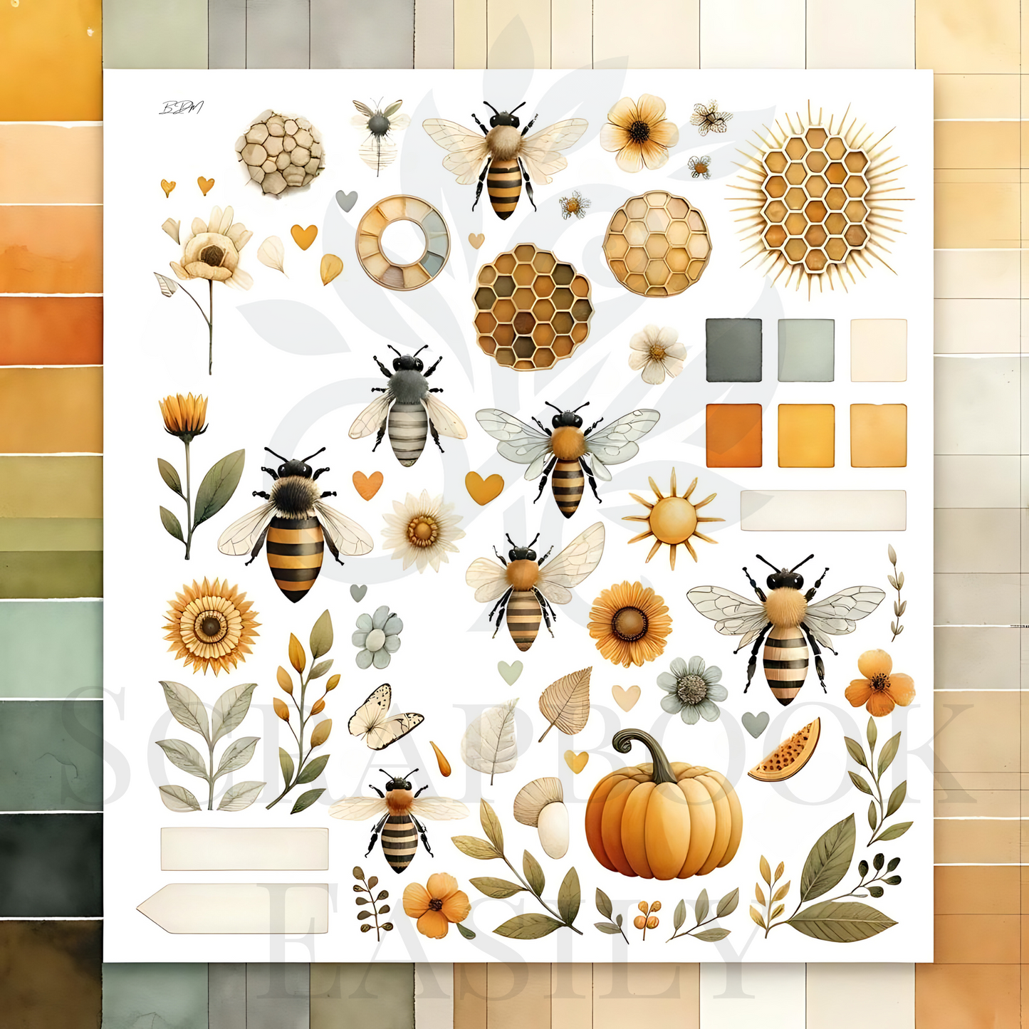 Diverse collection of bee-themed ephemera decorations, ideal for adding a touch of nature to your scrapbook projects. Available at Scrapbook Easily.