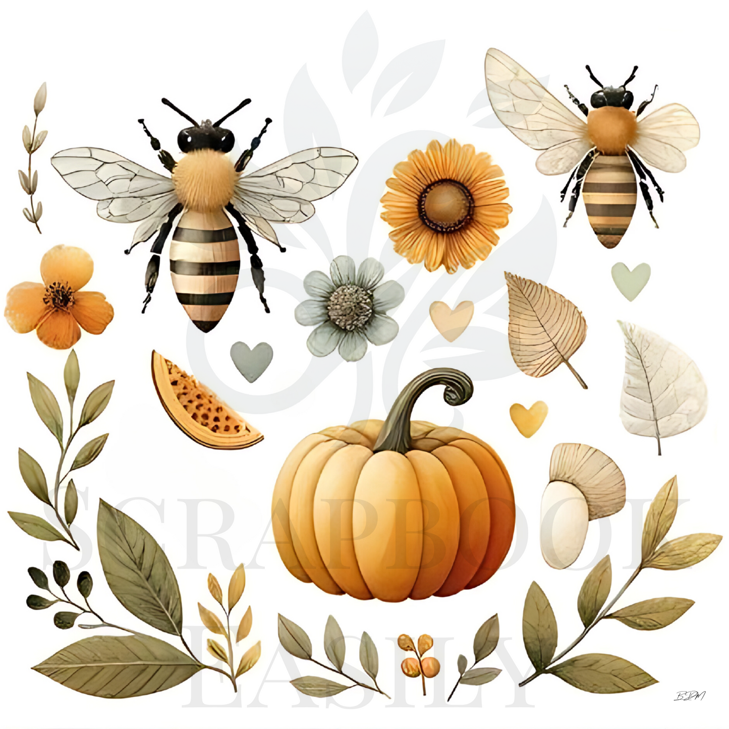 Ephemera decorations with bees and geometric patterns in a warm autumn palette, perfect for creative projects at Scrapbook Easily.