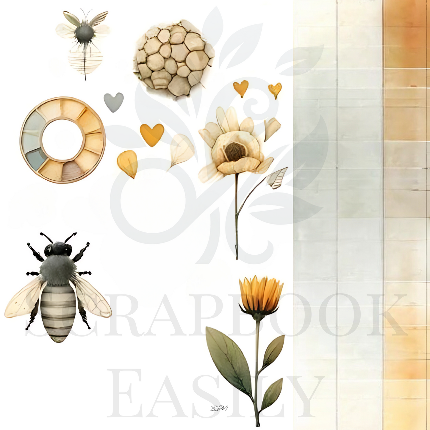 Richly coloured ephemera decorations, showcasing bees and autumnal flora, designed for elegant scrapbook layouts at Scrapbook Easily.