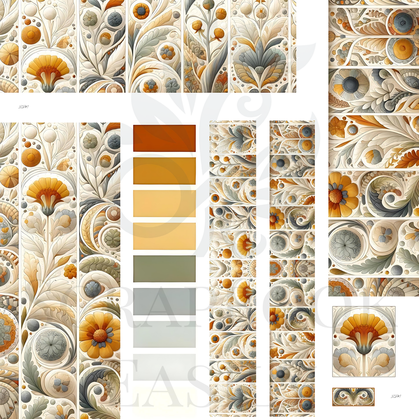 Ephemera & Scrapbooking Decorations: Exquisite floral & architectural designs in a warm palette, ideal for papercraft decorations.