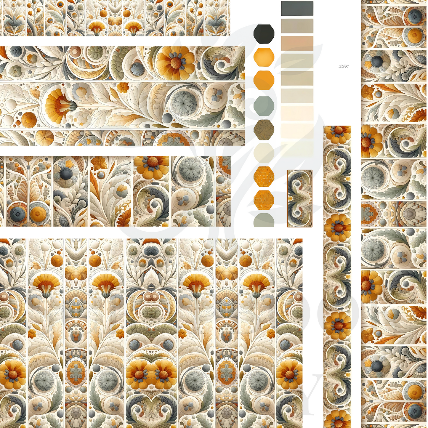 Ephemera & Papercraft Decorations: Detailed baroque patterns & botanical elements in earth tones, suitable for sophisticated scrapbooking.