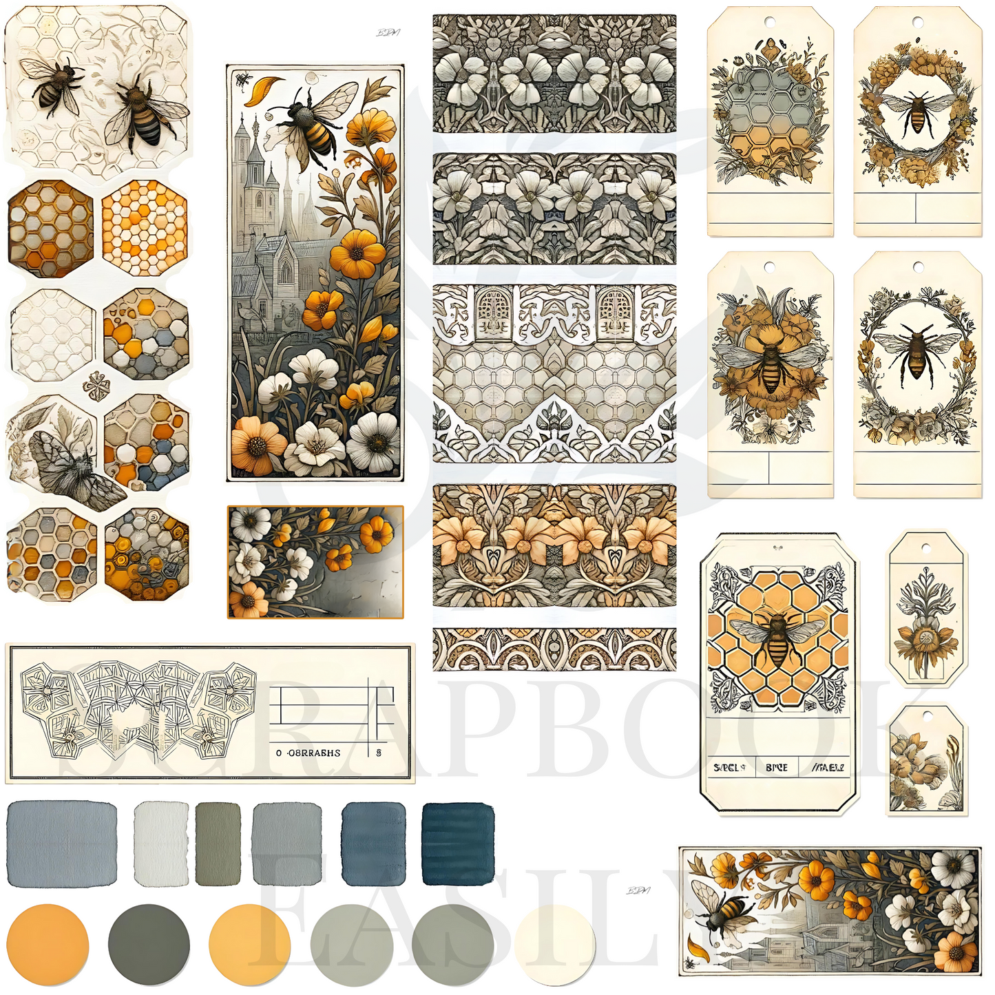 Ephemera Bee's Journey collection features intricate bee & floral designs perfect for scrapbooking decorations. Available at www.scrapbookeasily.com for enhancing your papercraft projects.