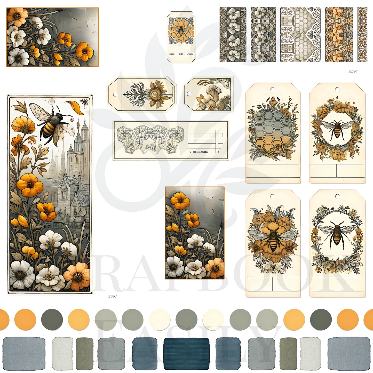 Scrapbook Easily presents the Ephemera Bee's Journey, showcasing detailed bees amongst blossoms. Ideal for papercraft decorations. Visit our site for unique scrapbooking solutions.